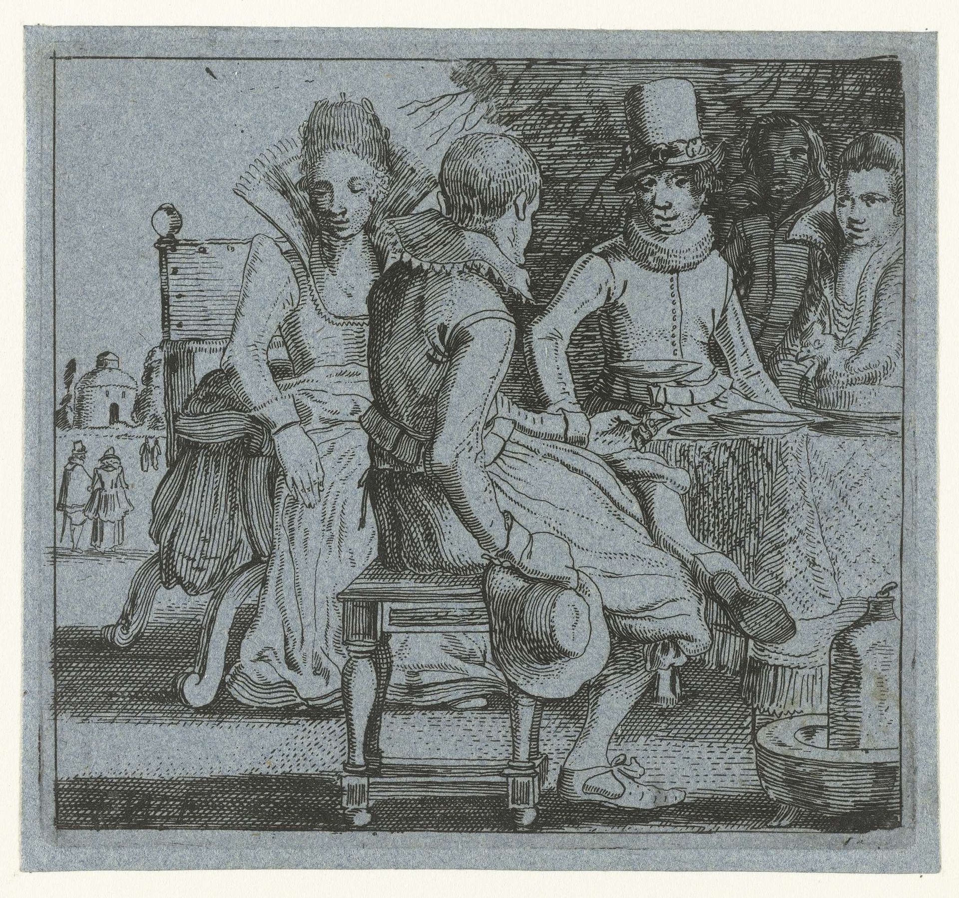 Vijf personen zittend rond een tafel op een terras by Anonymous