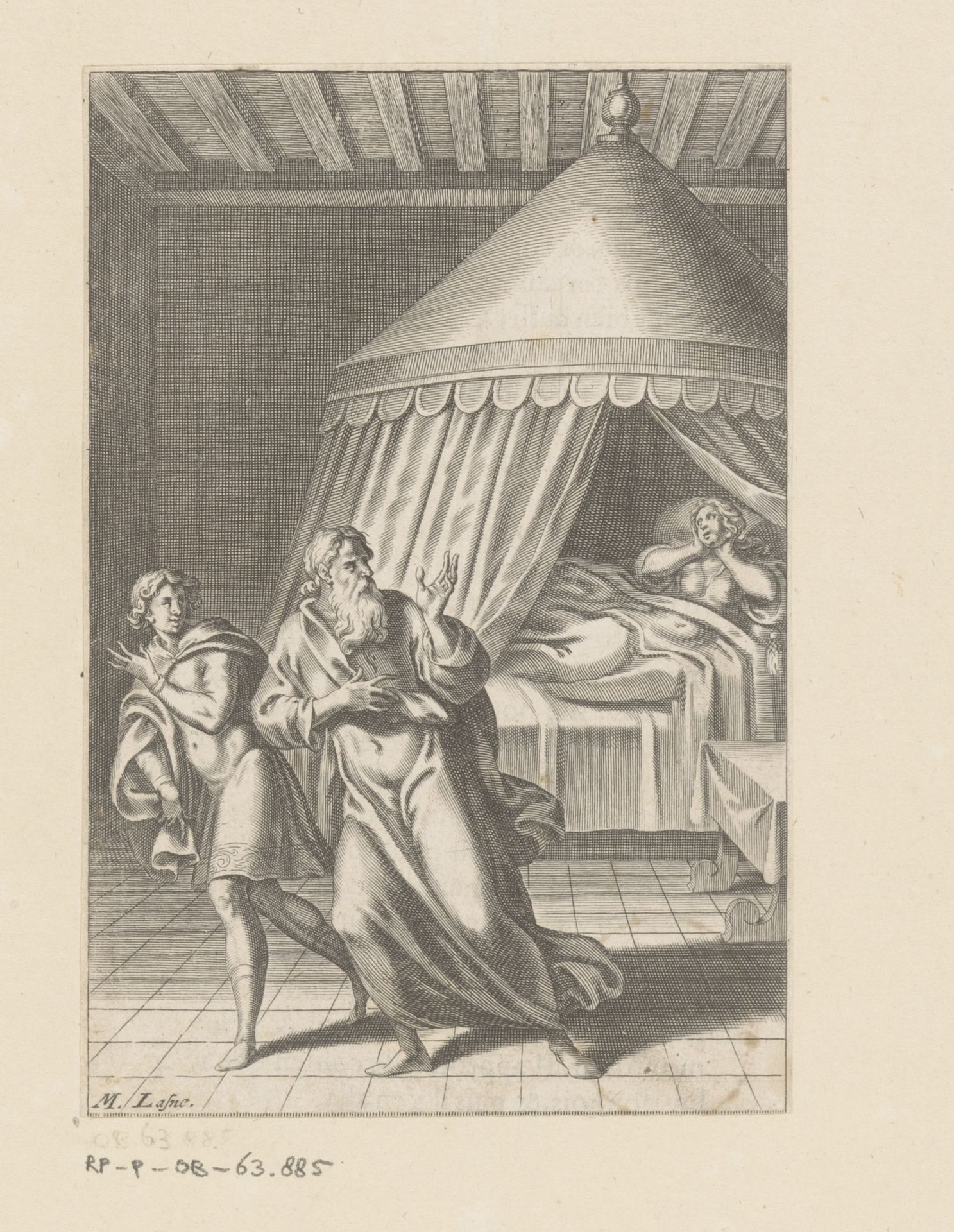 Alcamène ziet Chariclée, liggend in bed by Michel Lasne