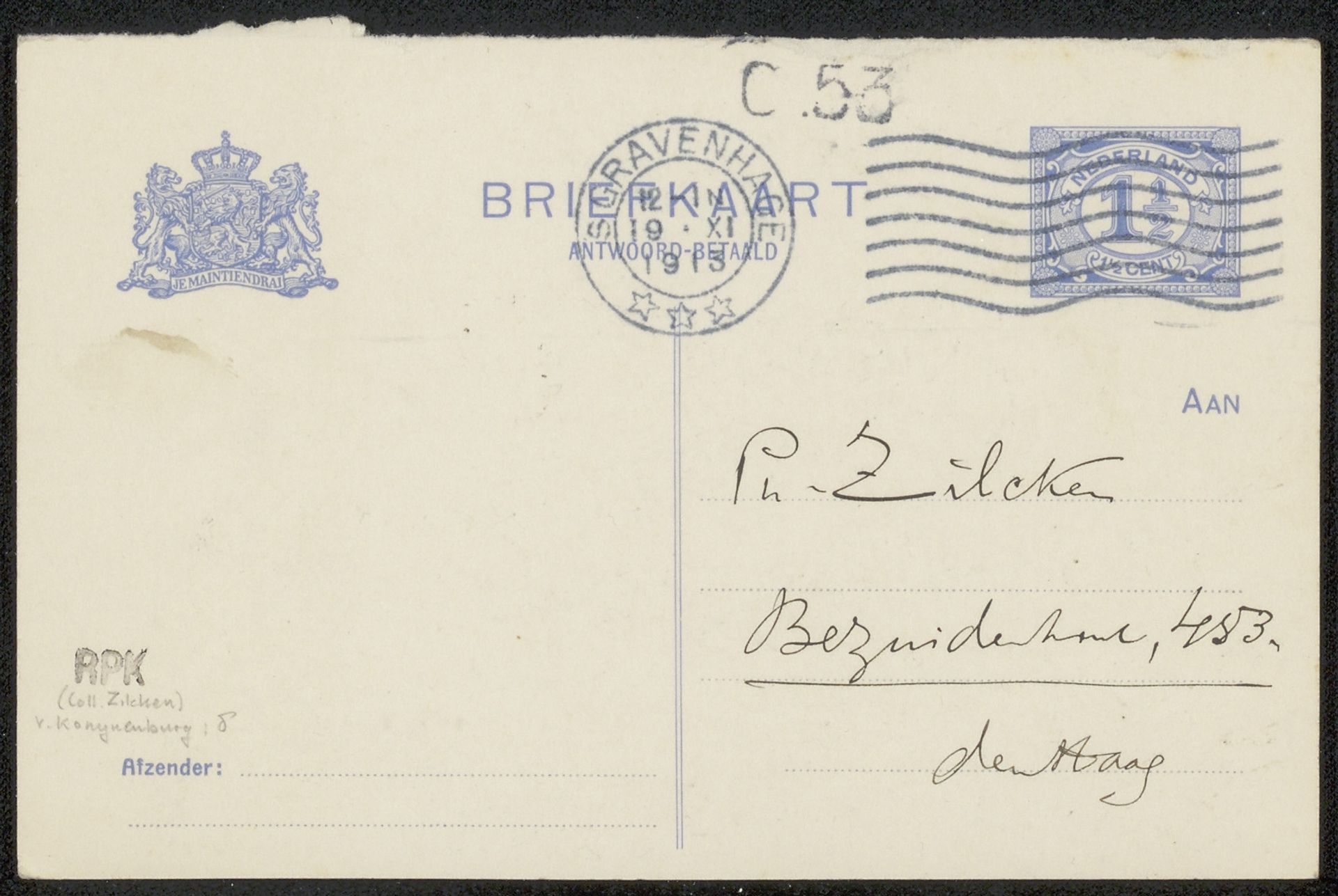 Briefkaart aan Philip Zilcken by Willem van Konijnenburg