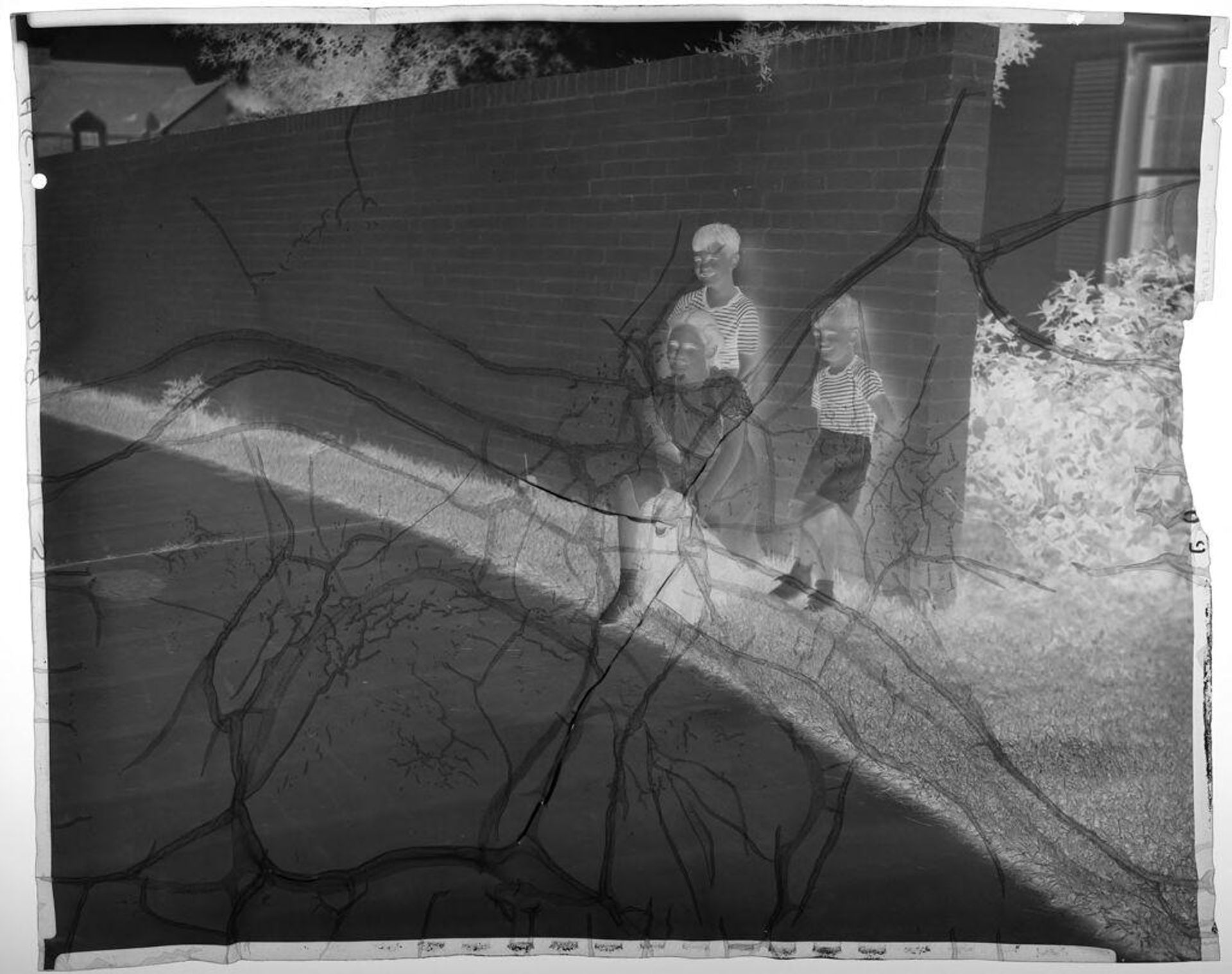 Untitled (three siblings posed between road and brick wall) by Paul Gittings