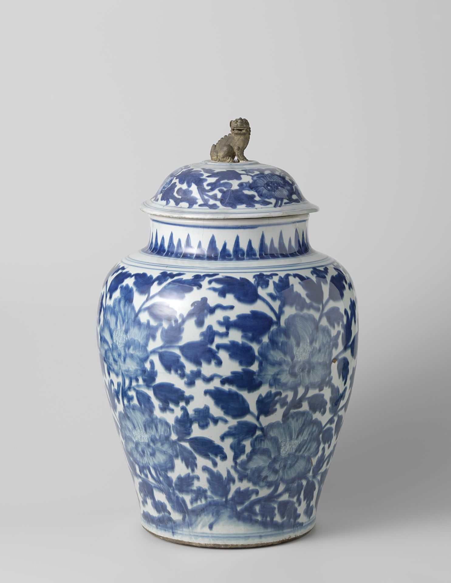 Ovoid covered jar with large peonies by Anonymous