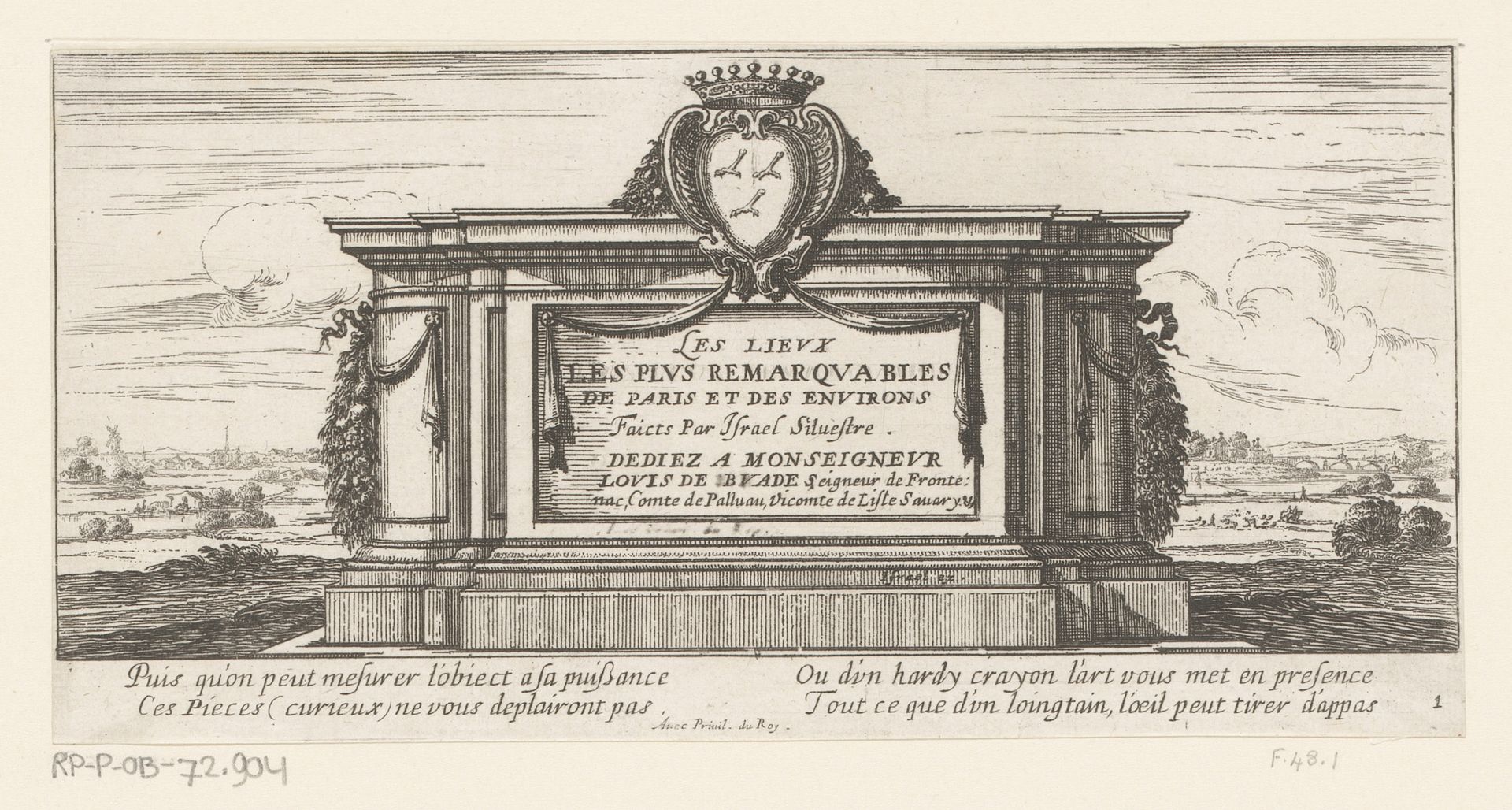 Titelprent met sokkel in een landschap by Israel Silvestre