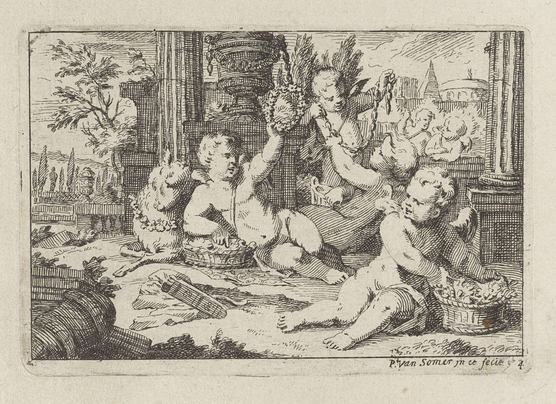 Putti met bloemenslingers by Paul van (II) Somer