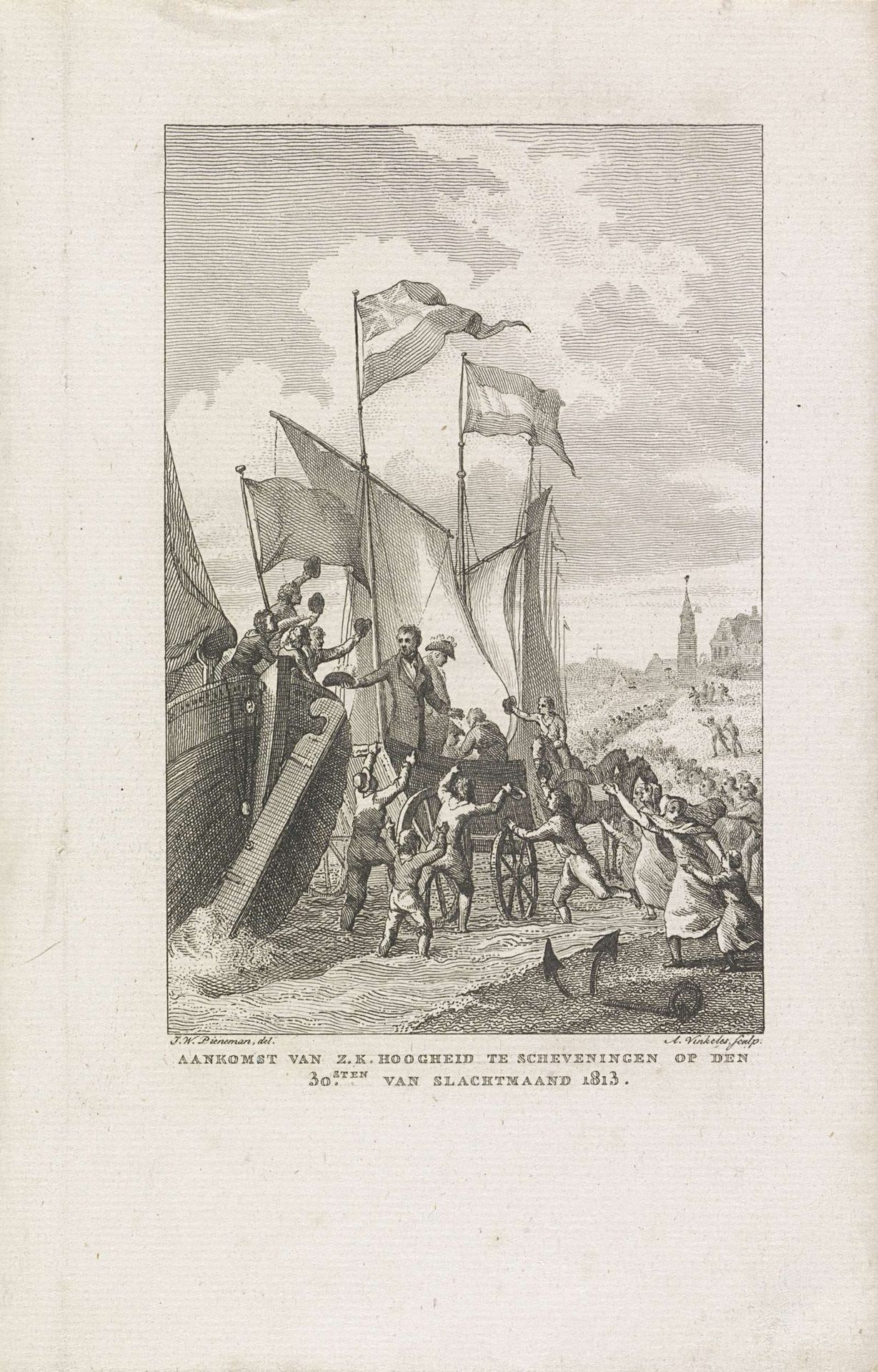 Aankomst van koning Willem I te Scheveningen, 1813 by Abraham Vinkeles