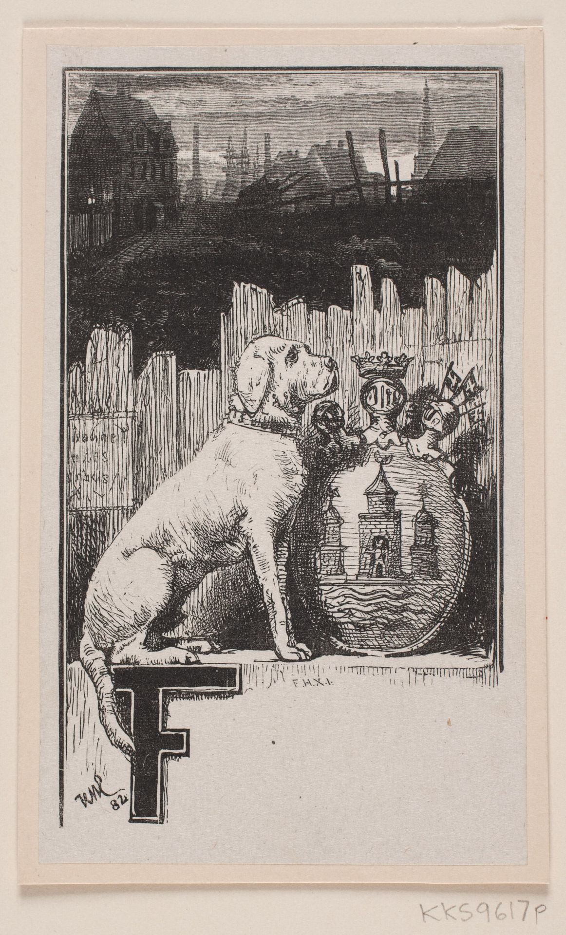 Initialvignet."F" med en hund og Københavns våben by Anonymous