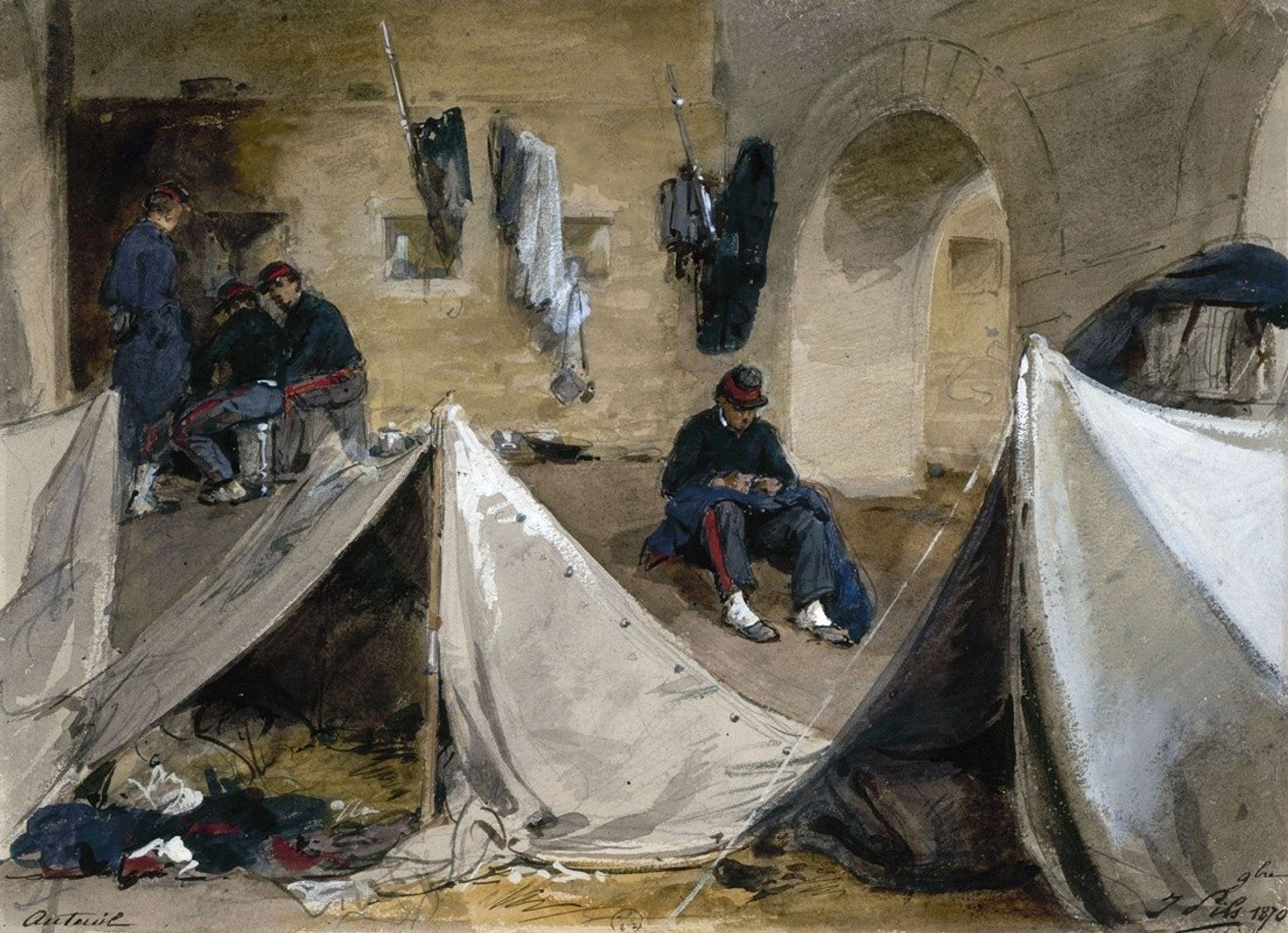 Campement de mobiles bretons sous le viaduc d’Auteuil en 1870. by Isidore Pils