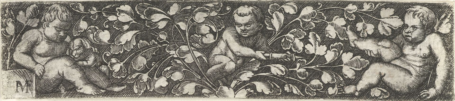 Fries met drie kinderen, zittend tussen bladranken by Monogrammist MHF (16e eeuw)