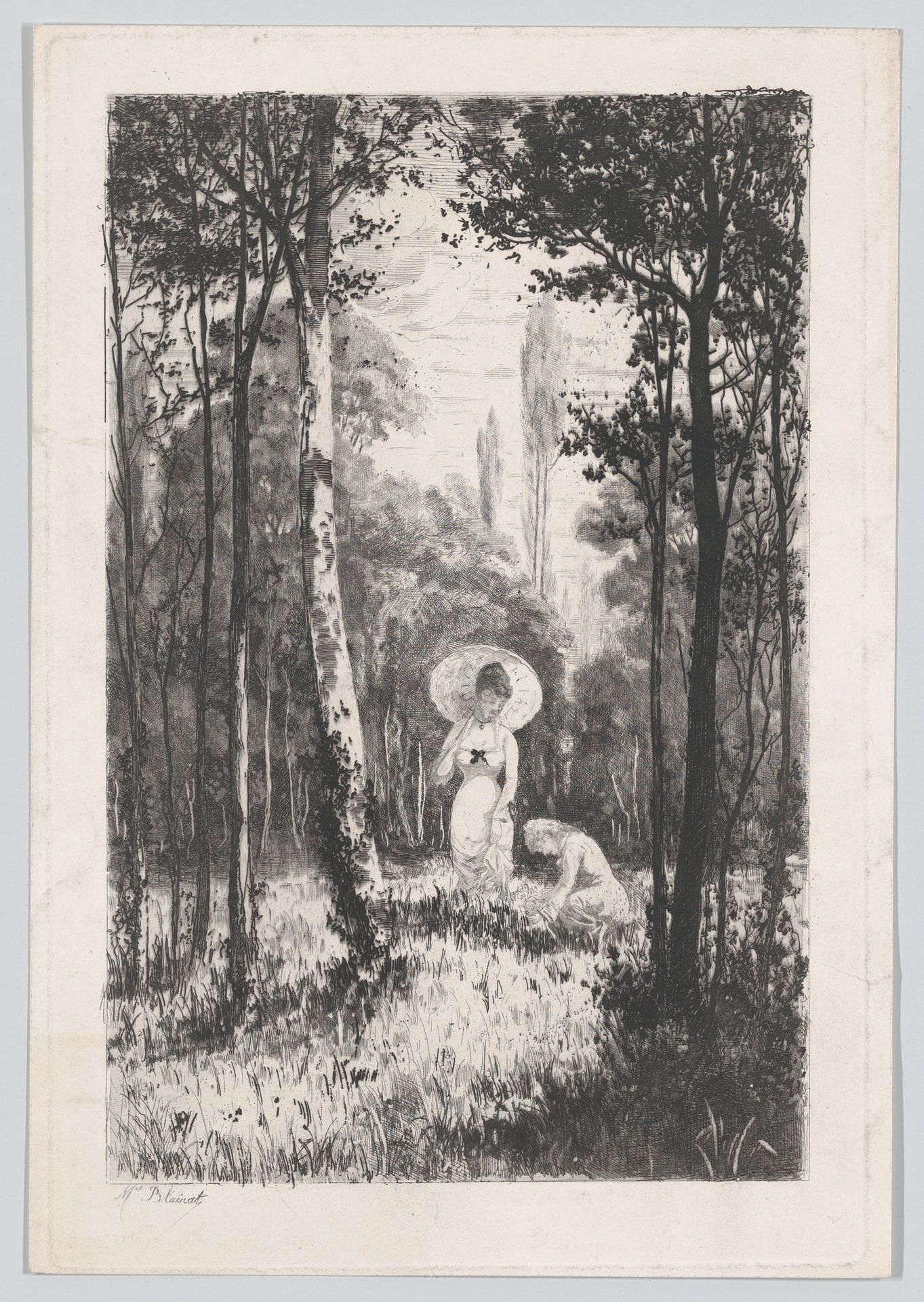 Two women in a clearing in the woods, one holding a parasol, the other seated in the grass by Marcel Blairat