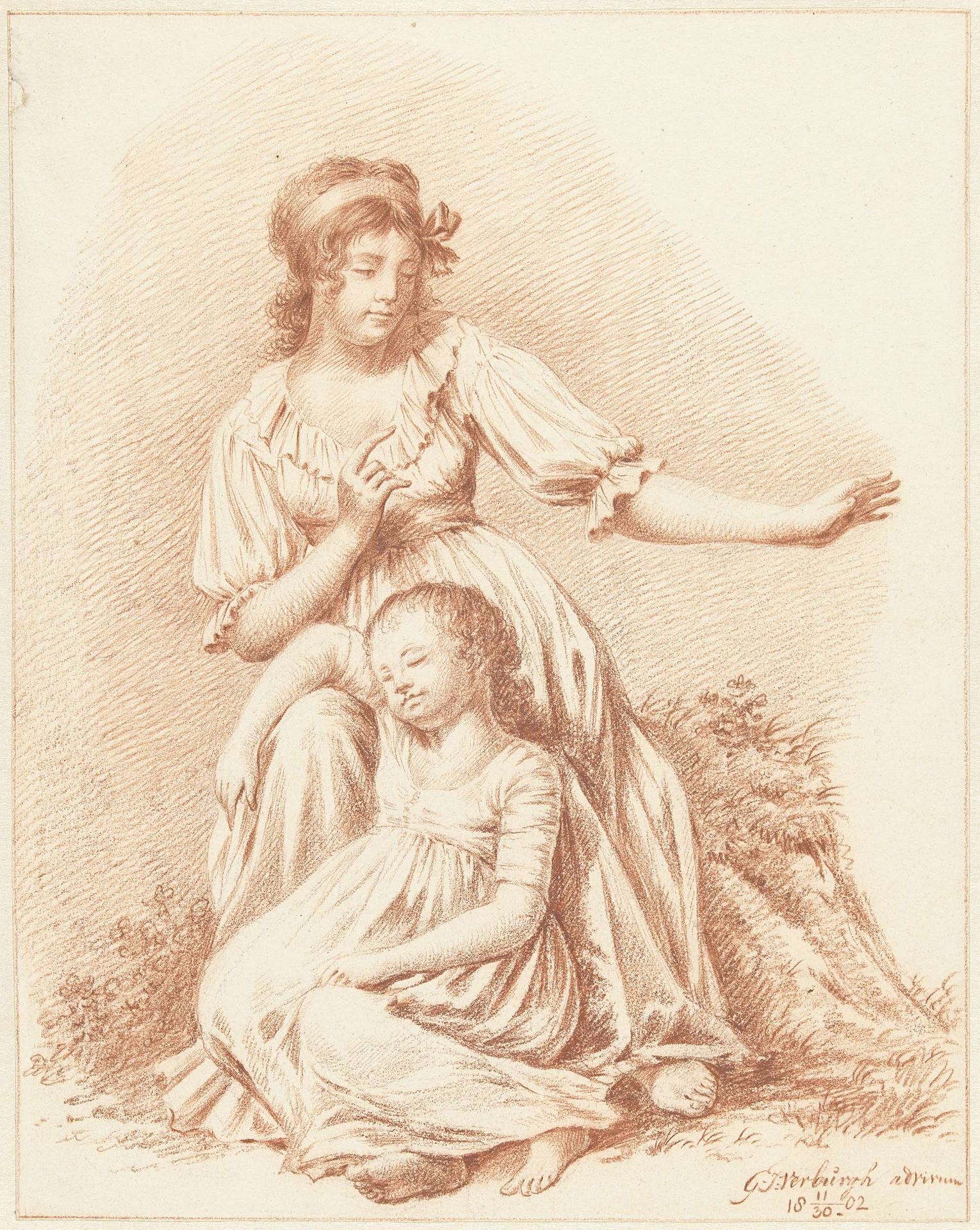 Zittende vrouw met een slapend meisje aan haar knieën by Gerardus Johannes Verburgh