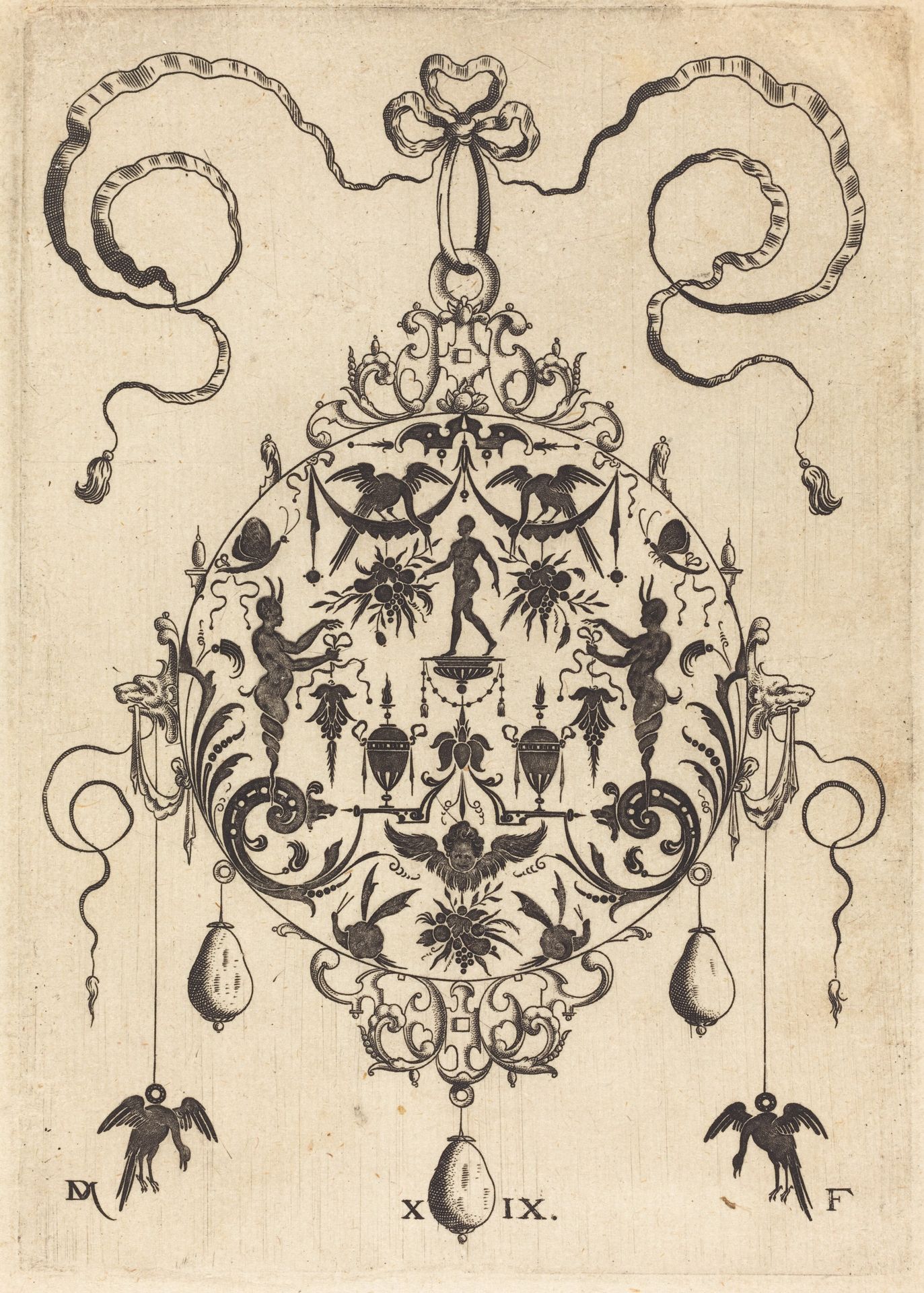 Large Pendant, In Circular Form, Nude Man Flanked by Two Herms by Daniel Mignot
