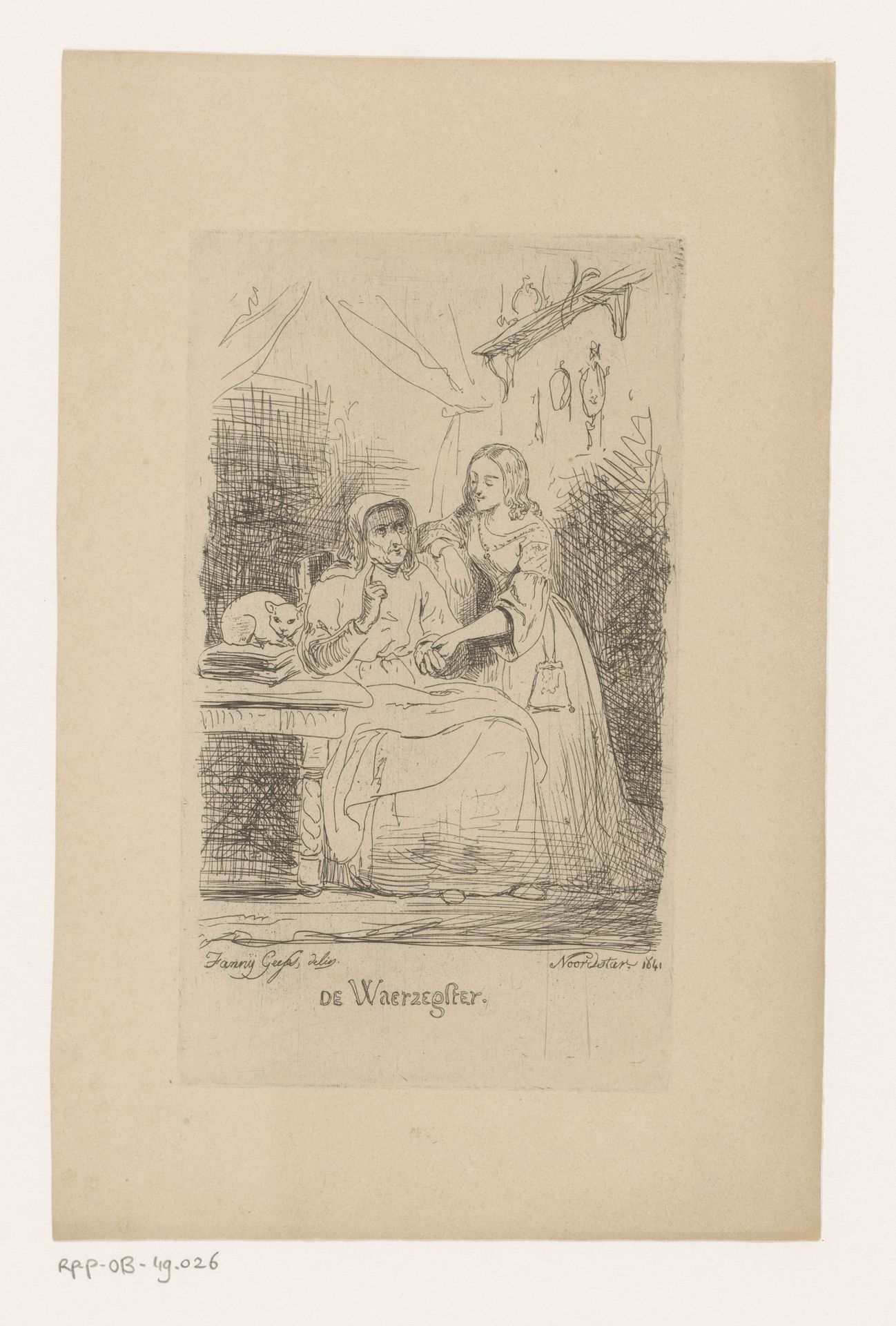 Waarzegster leest de hand van een jonge vrouw by Fanny Geefs-Corr