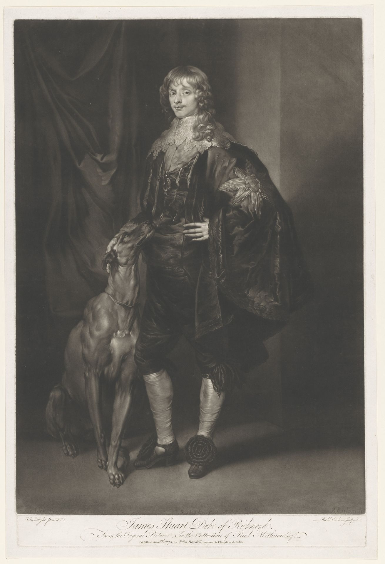 Portret van James Stuart met zijn hond by Richard Earlom