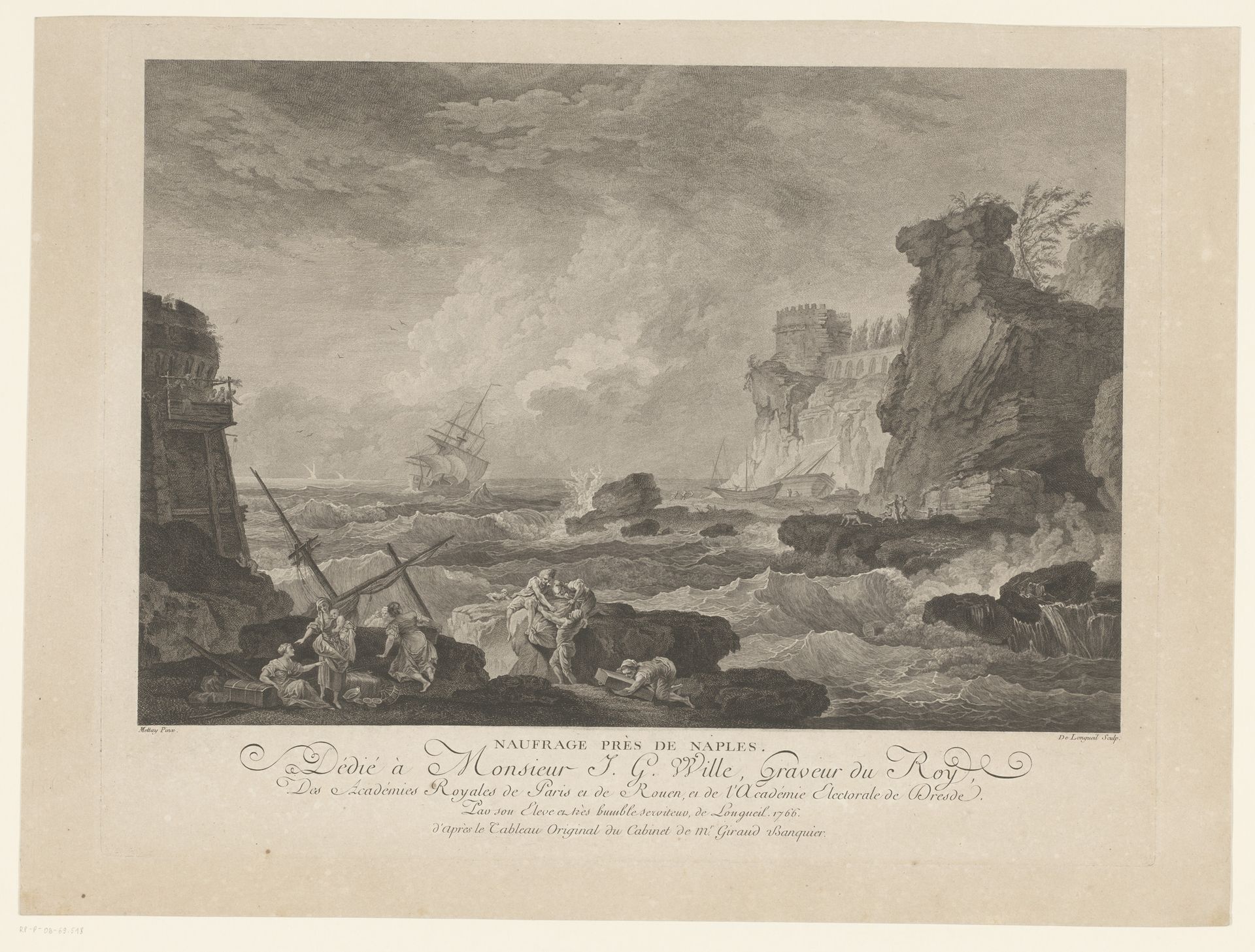 Schipbreukelingen aan een rotsachtige kust by Joseph de Longueil
