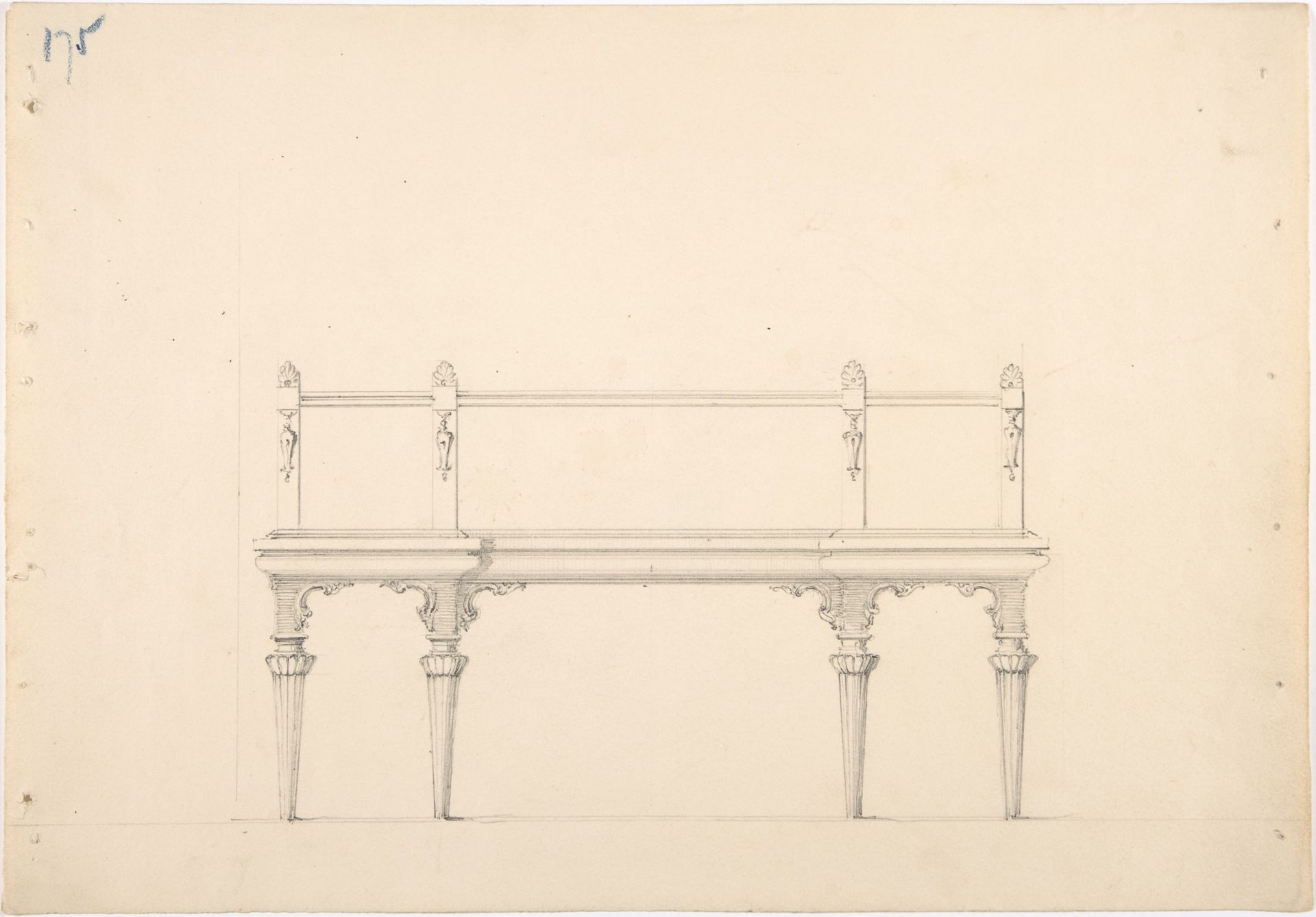Design for a Mirrored Sideboard with Diminishing Columnar Legs and Classical Ornament by Anonymous