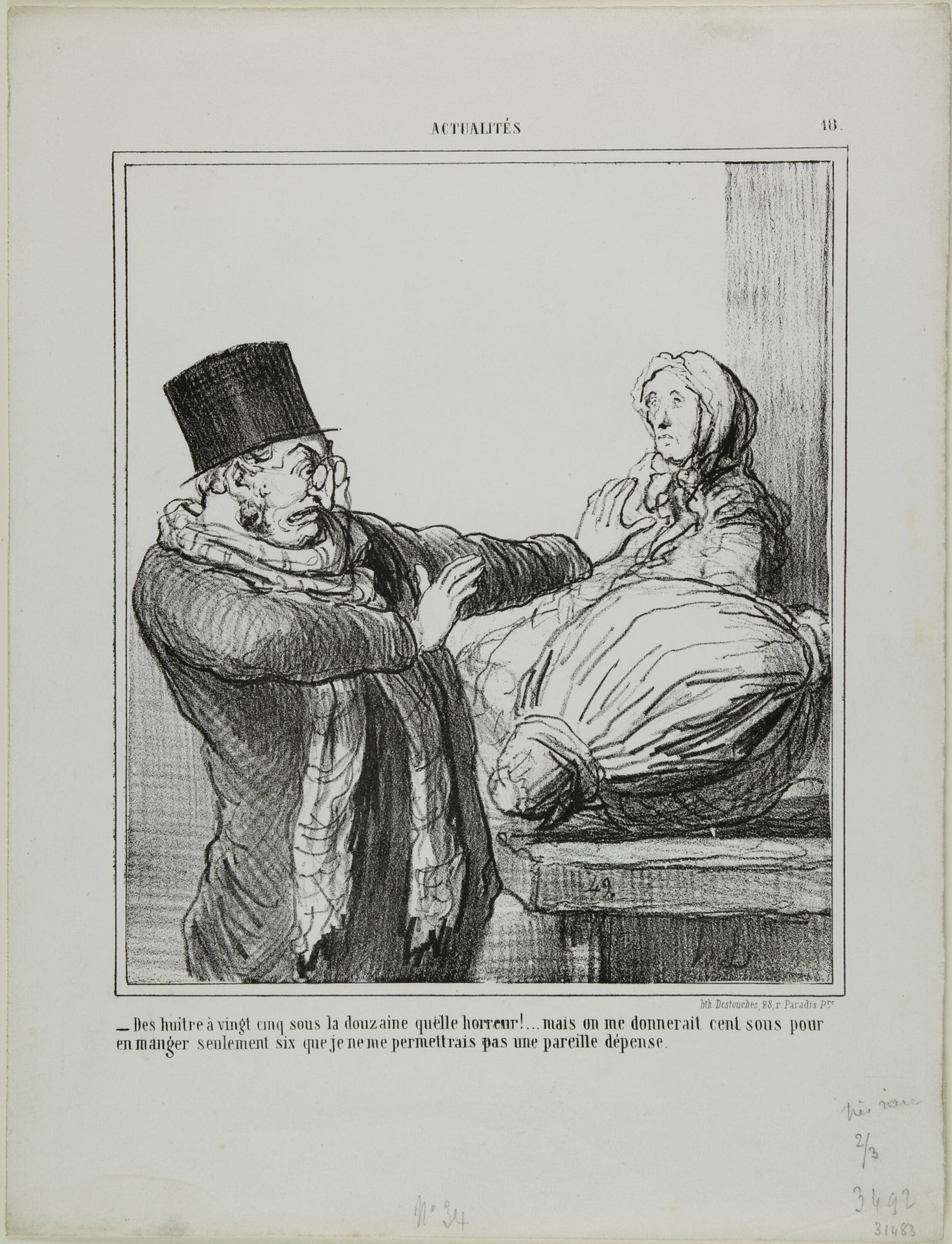 “- Oysters at 25 sous a dozen, horrible!... Even if you gave me 100 sous to eat half a dozen, I would not allow myself such an expense,” plate 18 from Actualités by Honoré Daumier
