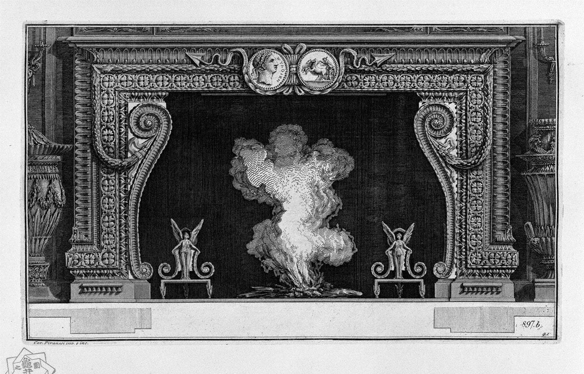 Fireplace: frieze on a medal with his imperial backhand; inside wing with two winged Victories by Giovanni Battista Piranesi