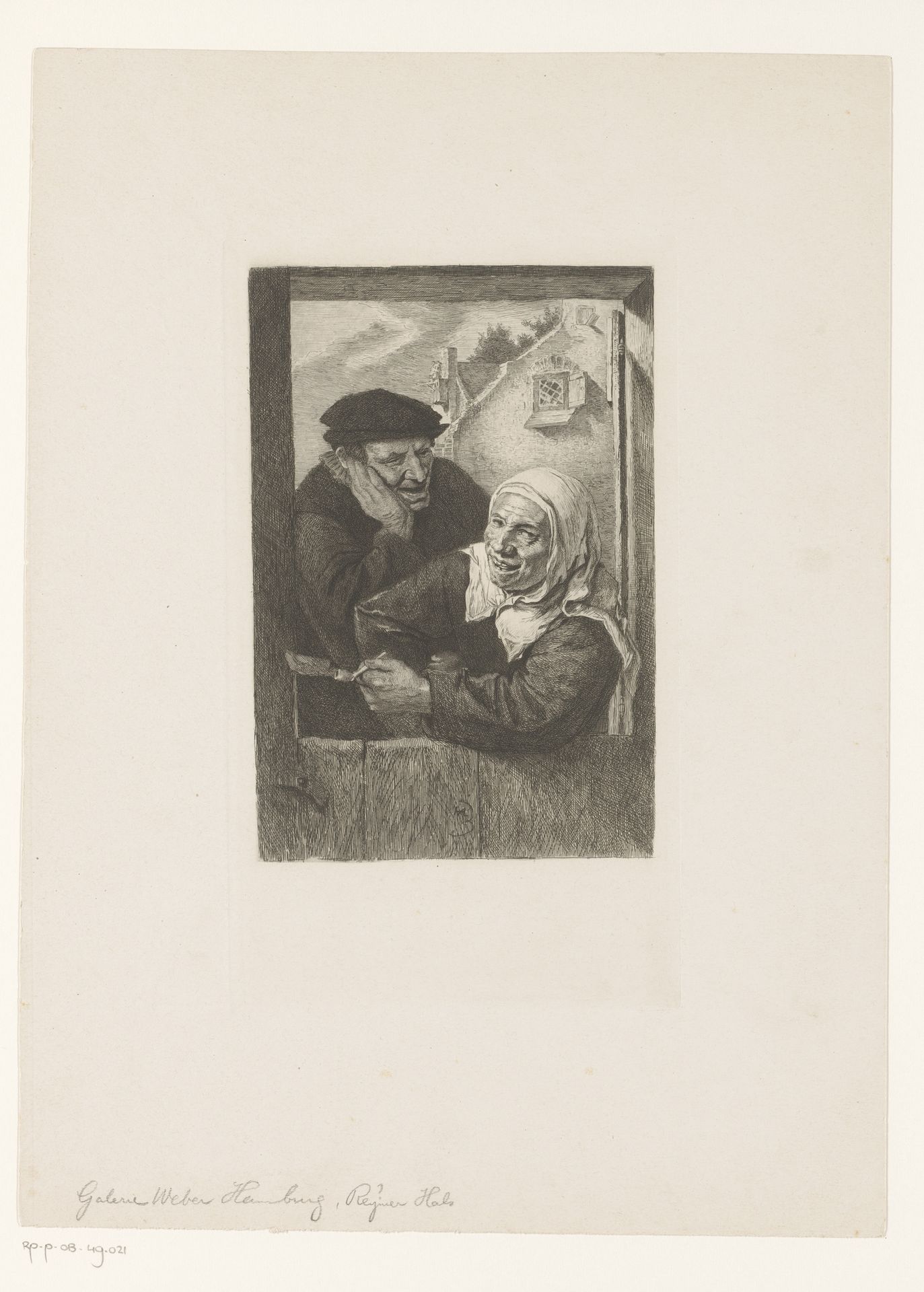 Vrouw met pijp en man in deuropening by Léopold Flameng