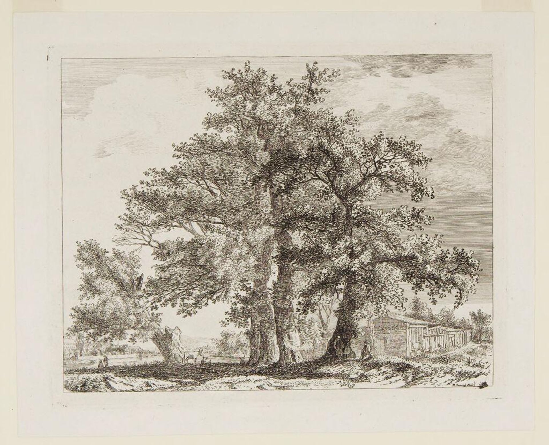 Trees and Huts with a Distant View of a Town by a River by Paul Sandby