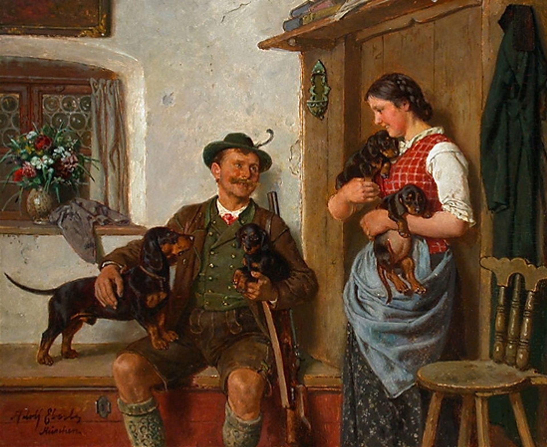 The dachshund family with a hunter and a maid by Adolf Eberle