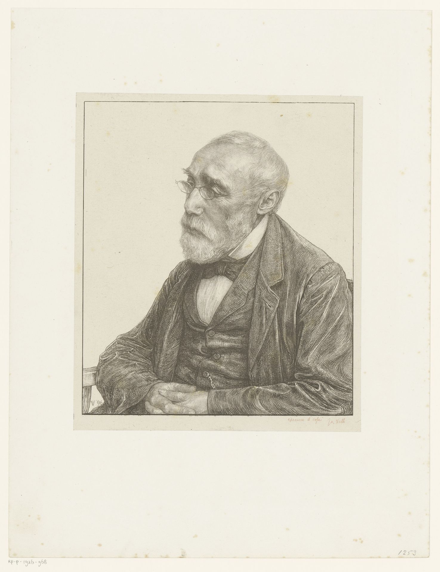 Portret van Jozef Israëls met gevouwen handen by Jan Veth