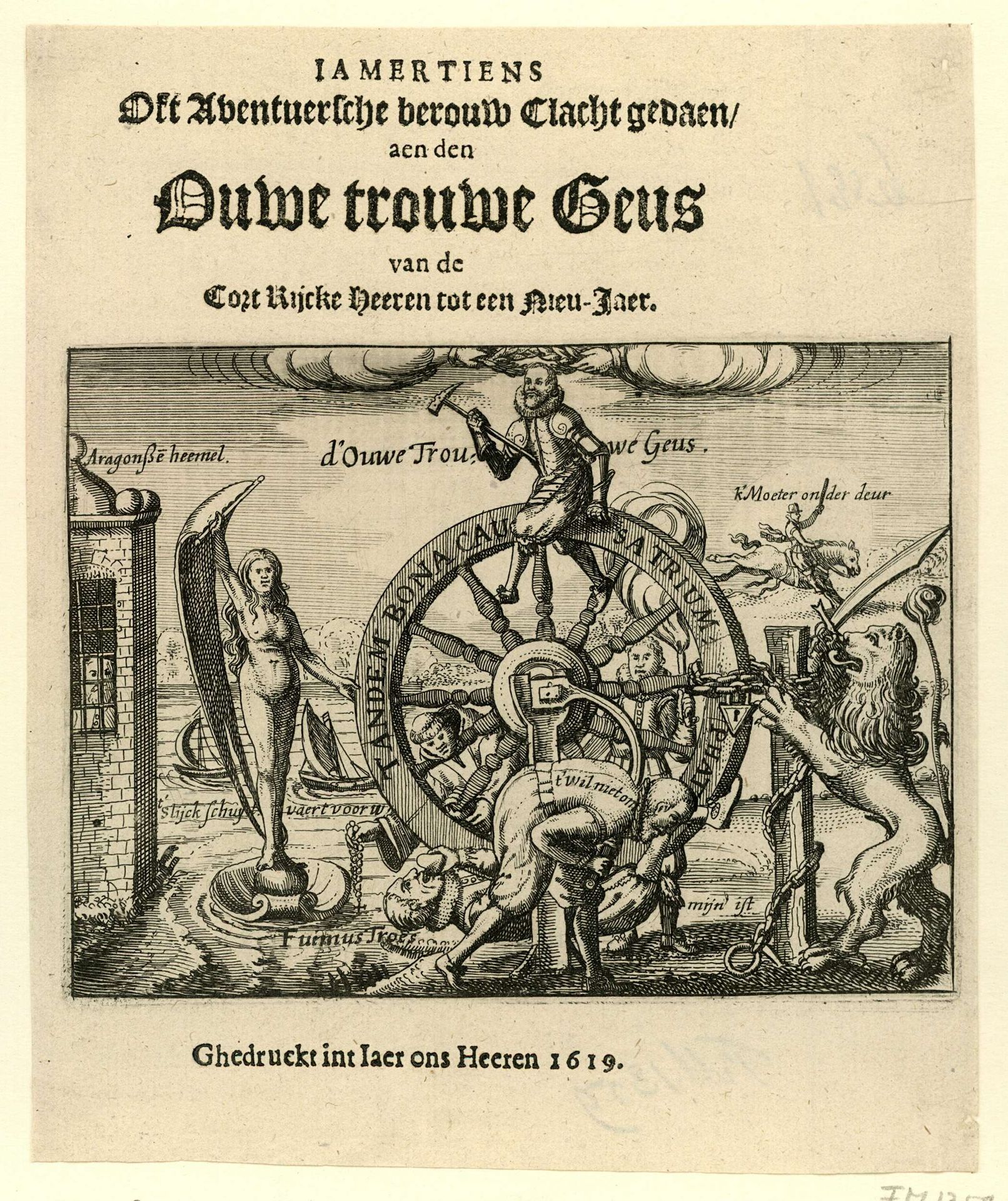 Titelprent van het pamflet: Iamertiens Oft Aventuersche berouw Clacht gedaen aen den Ouwe trouwe Geus, 1619 by Anonymous