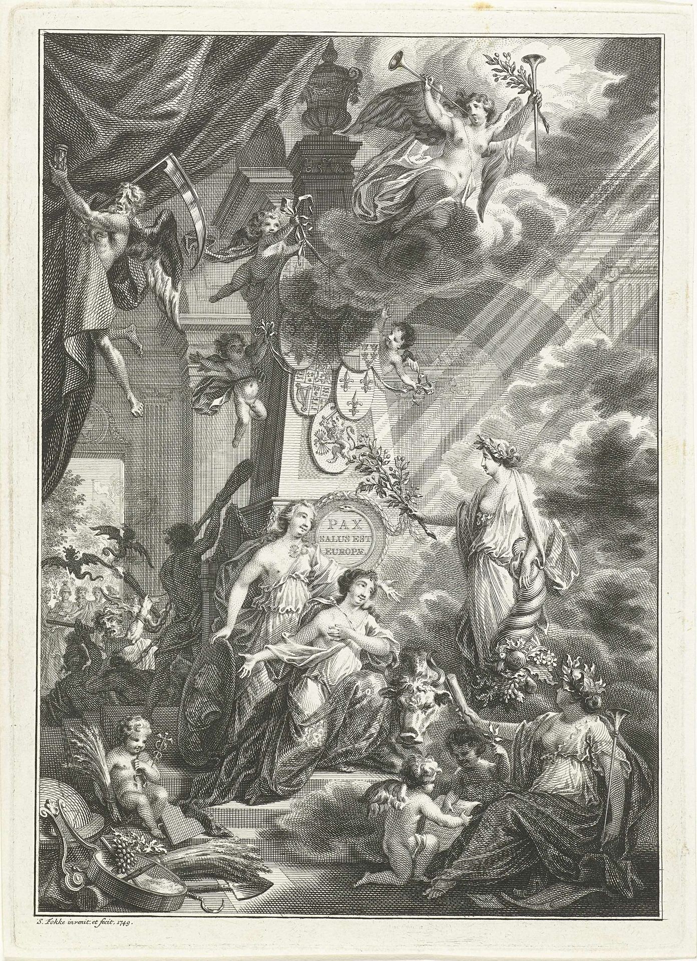 Allegorie op de Vrede van Aken, 1748 by Simon Fokke