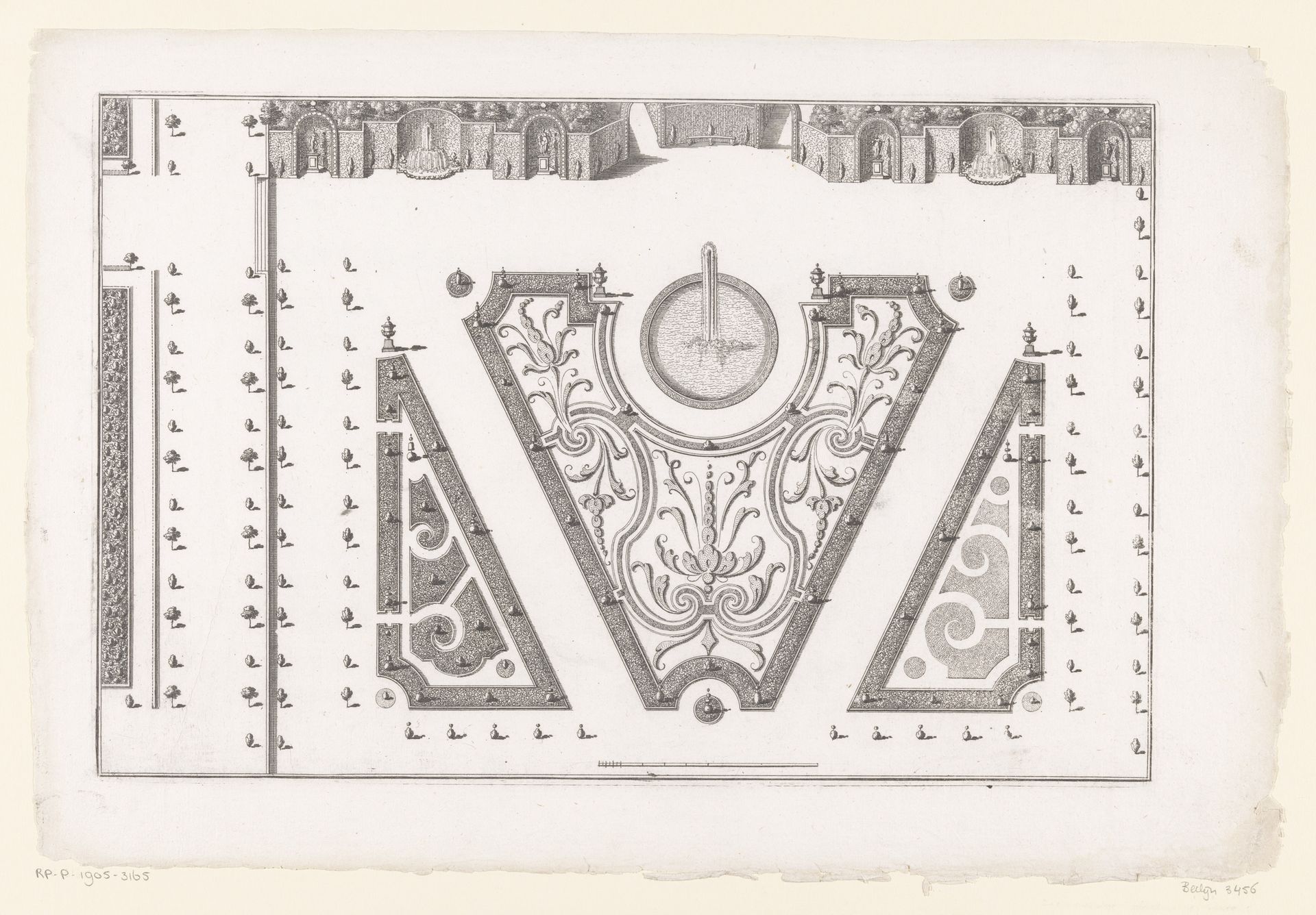 Plattegrond van tuin met driehoekige parterres by Anonymous