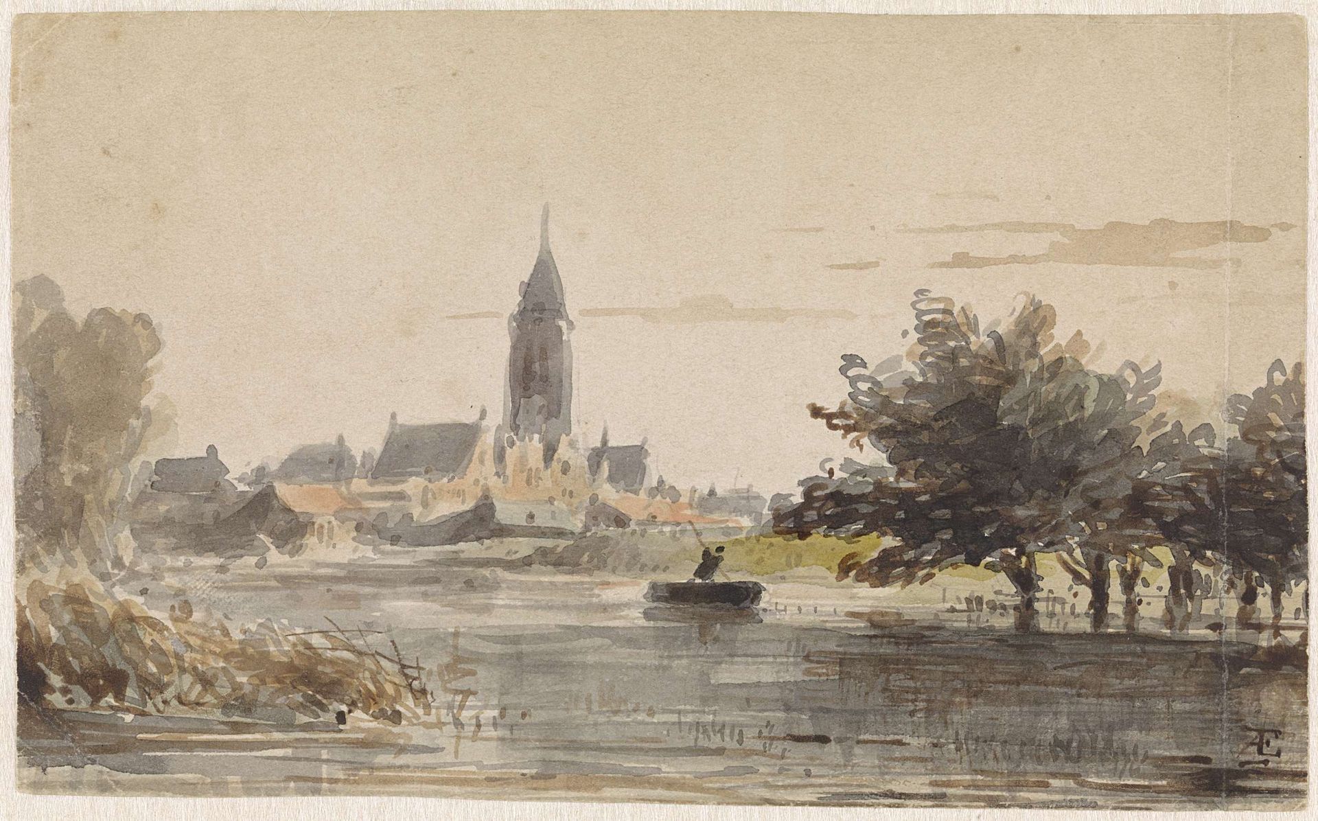 Gezicht op een stadje, gezien van over een rivier by Adrianus Eversen