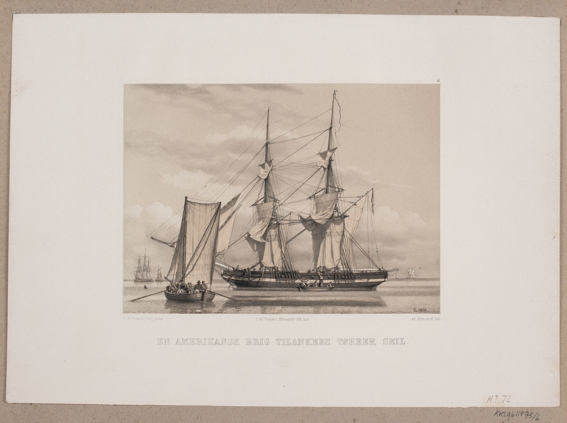 En amerikansk brig tilankers tørrer sejl by Adolph Kittendorff