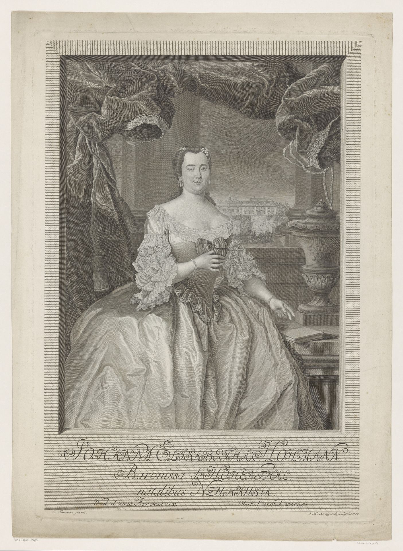 Portret van Johanna Elisabeth Hohmann, Freifrau von Hohenthal by Johann Martin Bernigeroth