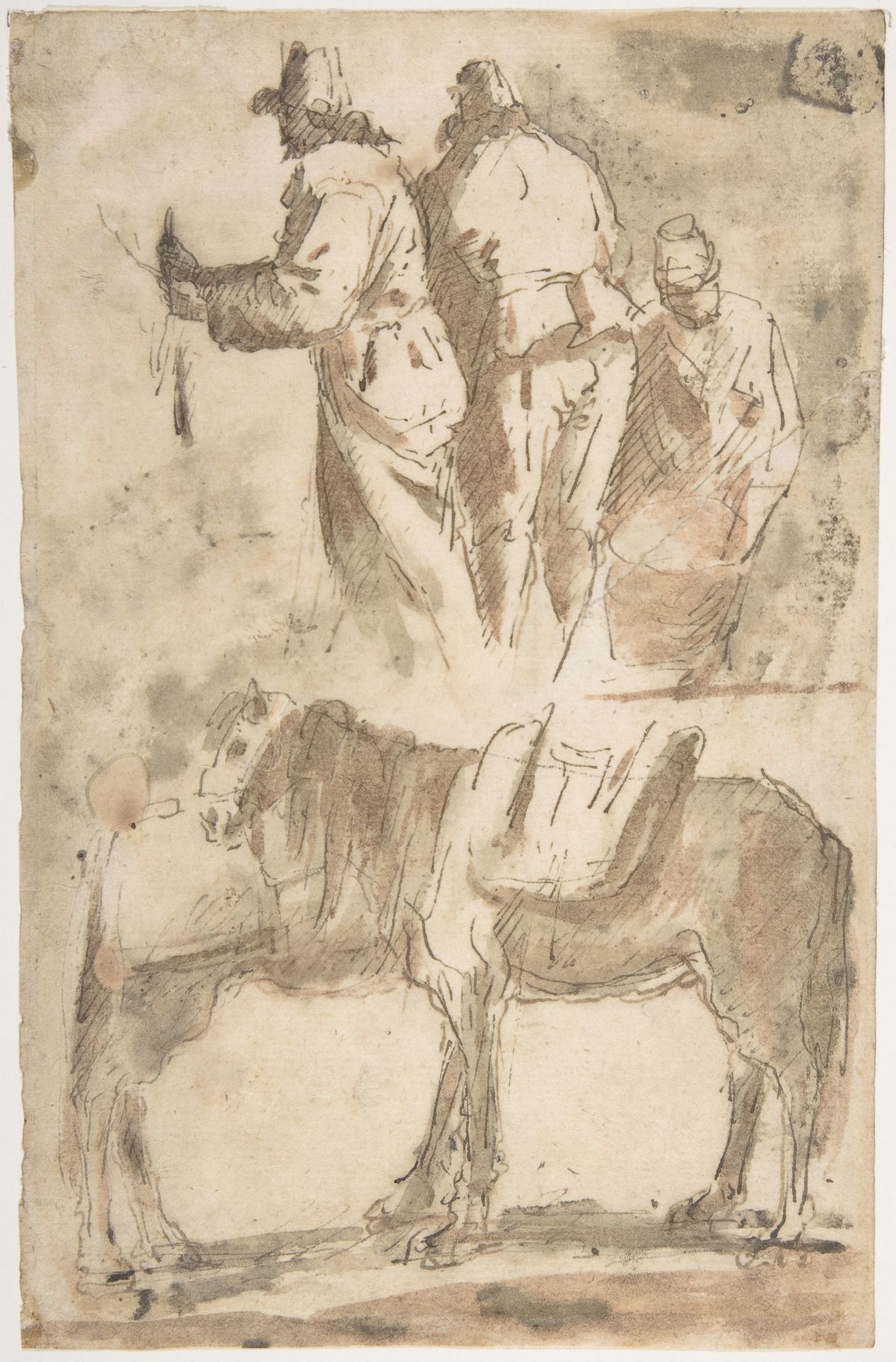 Sheet of Studies: Three Figures Above, Studies of Horses Below by Micco Spadaro (Domenico Gargiulo)