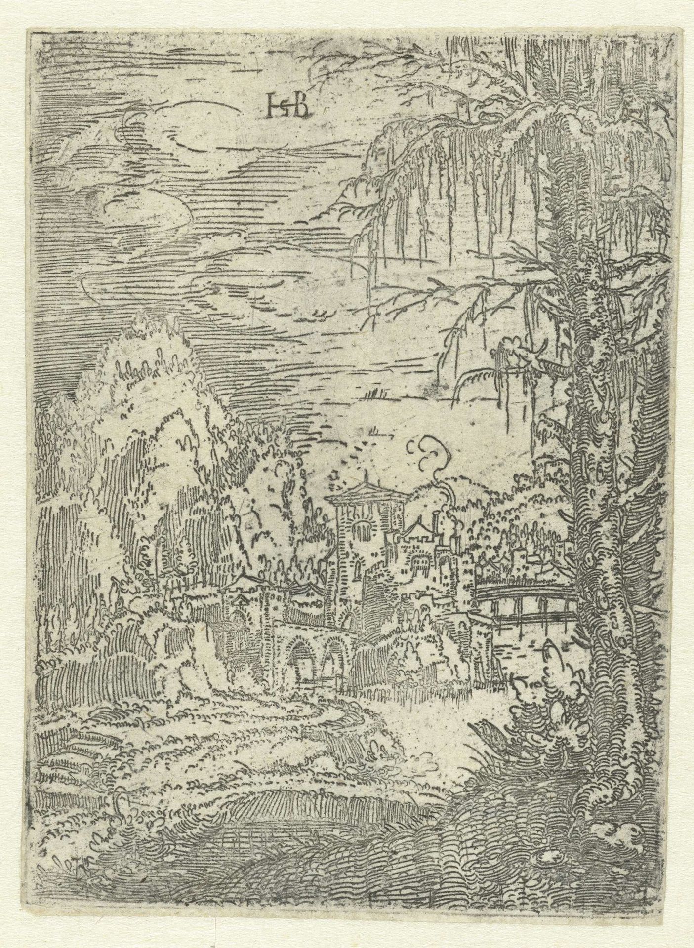 Berglandschap met stad aan een rivier by Jacob Binck