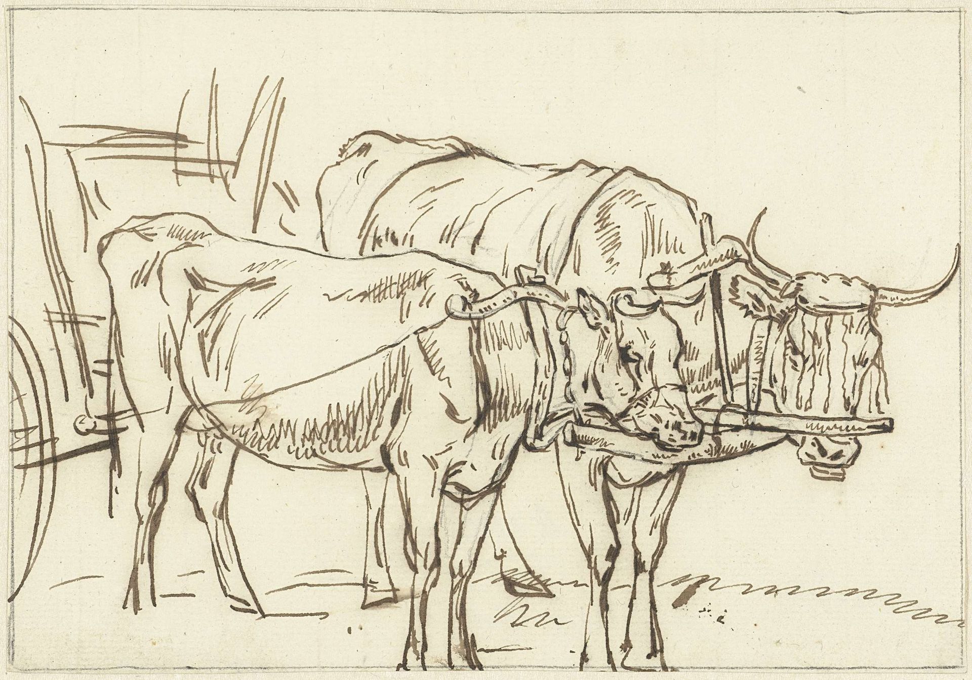 Twee trekossen voor een wagen gespannen by Jan (II) Kobell