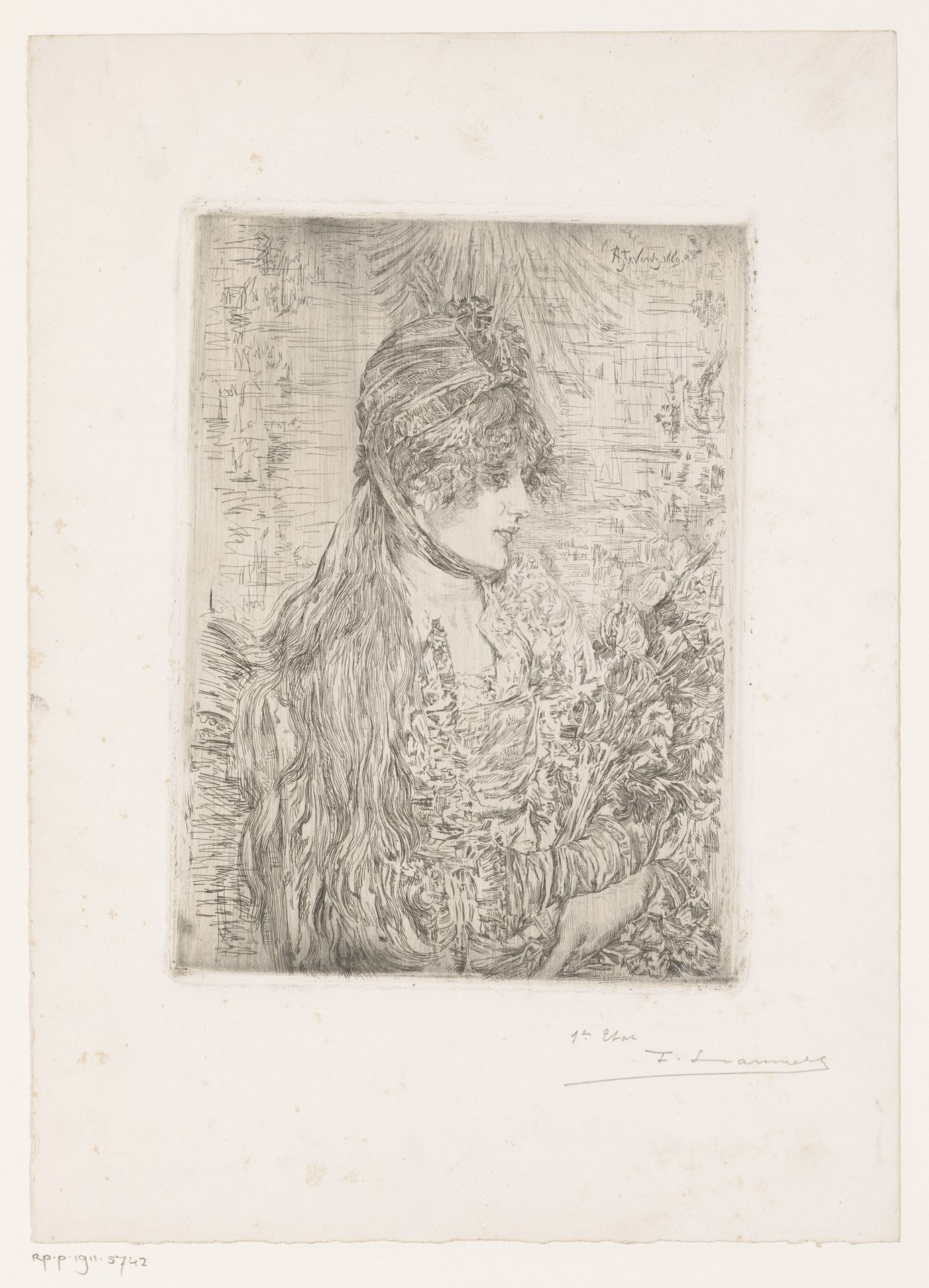 Portret van een onbekende jonge vrouw met een boeket in haar armen by Frans Lauwers
