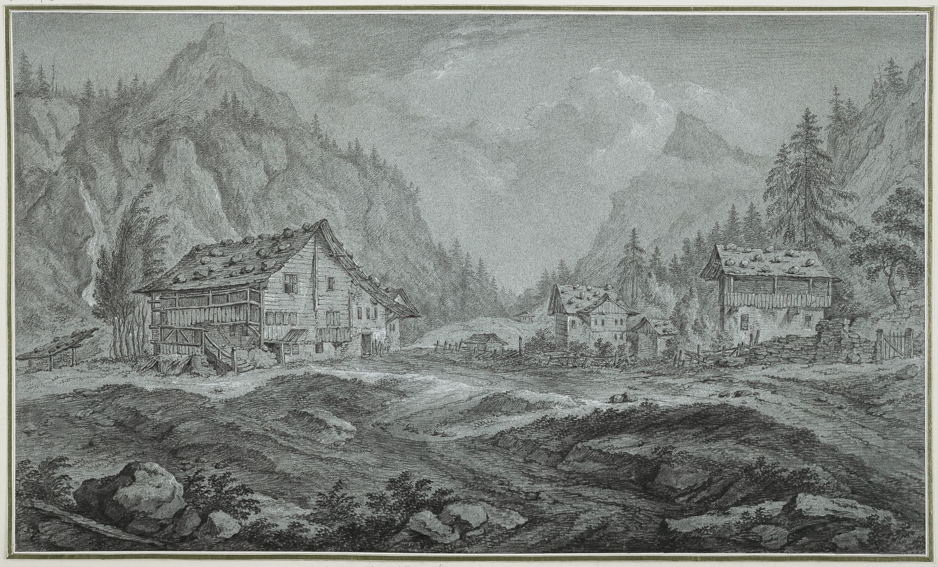 Gebirgstal mit Bauernhäusern (Amsteg im Kanton Uri) by Franz Schütz