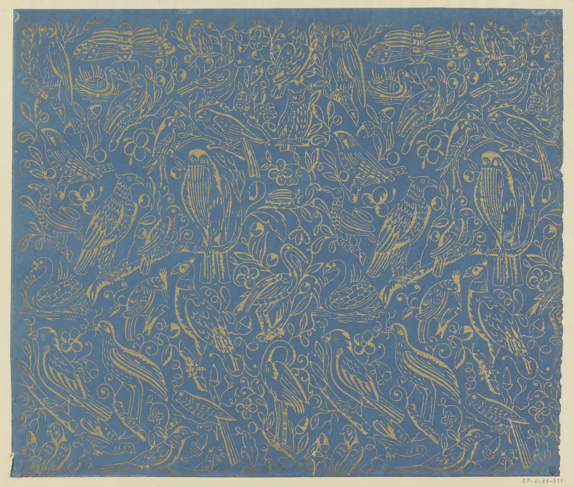 Blad met verschillende vogels met bloemen en vruchten by Dessauerschen Buntpapierfabrik