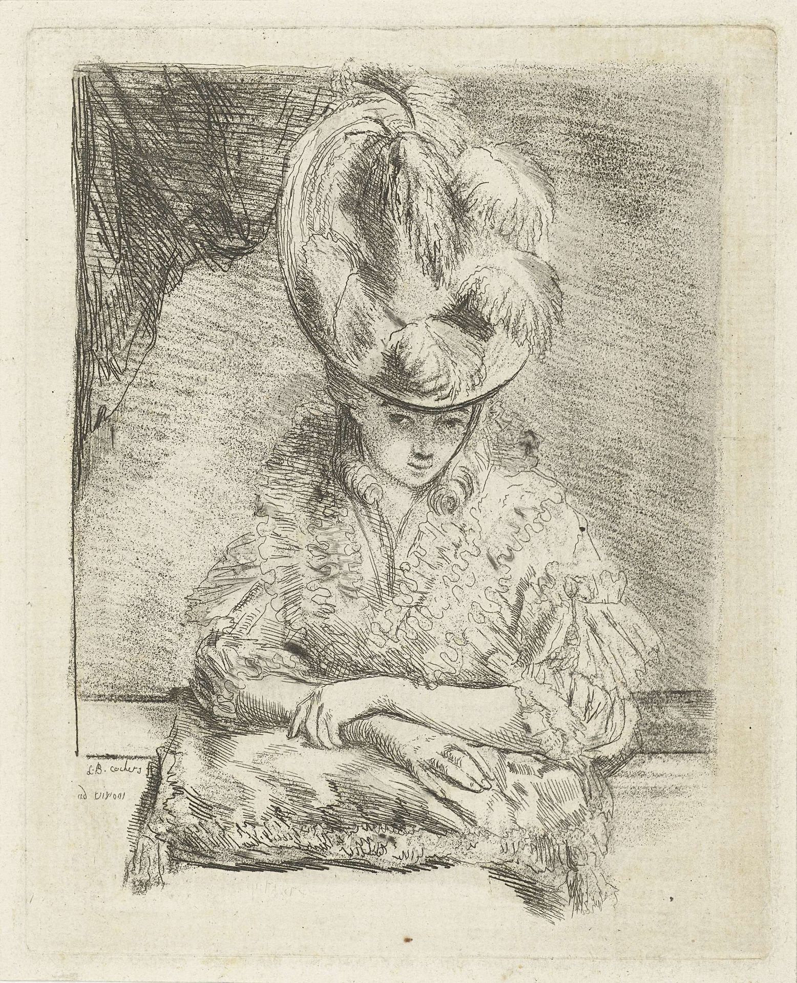 Portret van een jonge vrouw met hoed die uit het raam kijkt by Louis Bernard Coclers