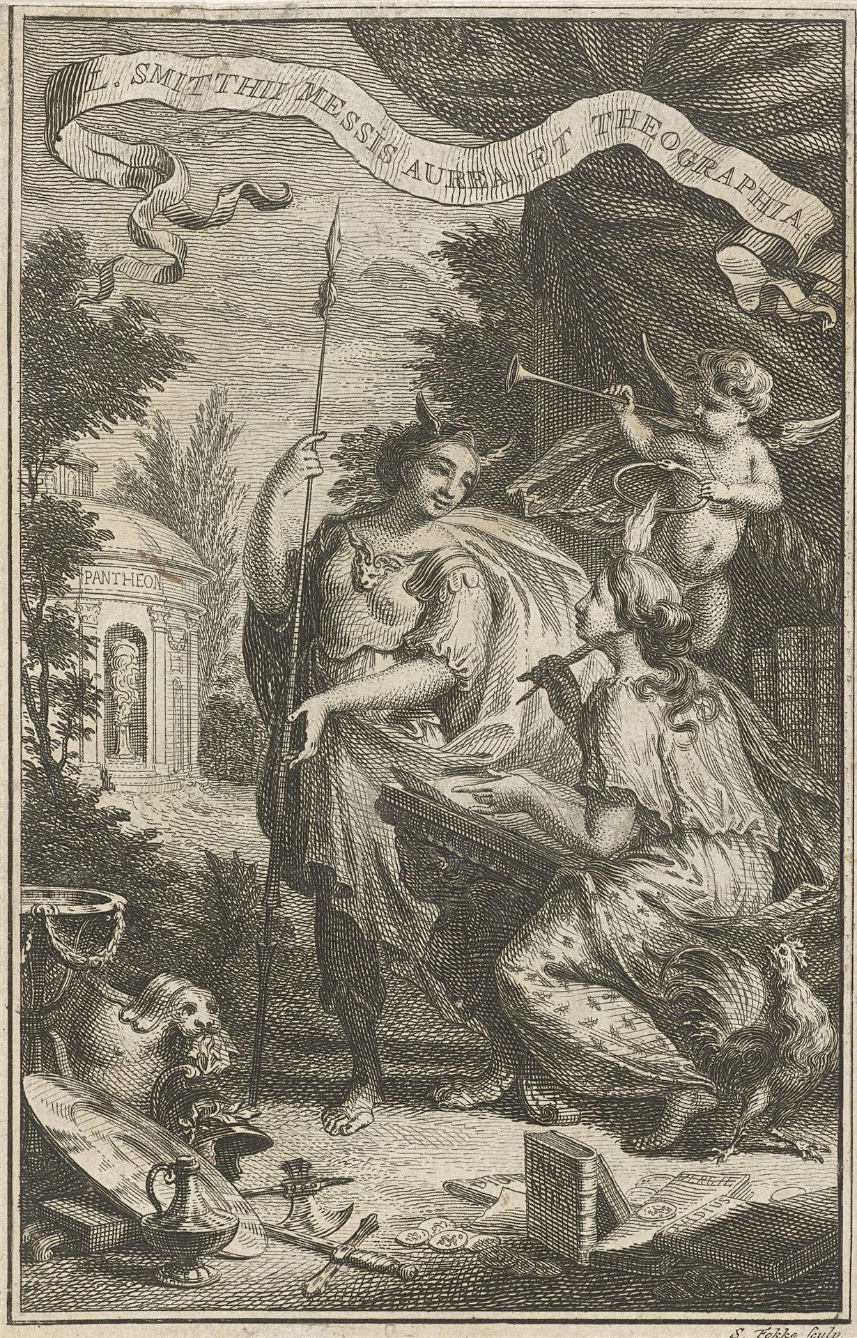 Personificatie van de Kunsten aan haar schrijftafel by Simon Fokke