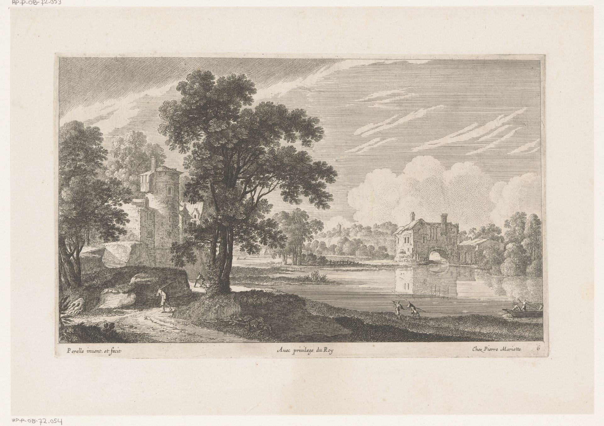 Landschap met gebouwen bij rivier by Nicolas Perelle
