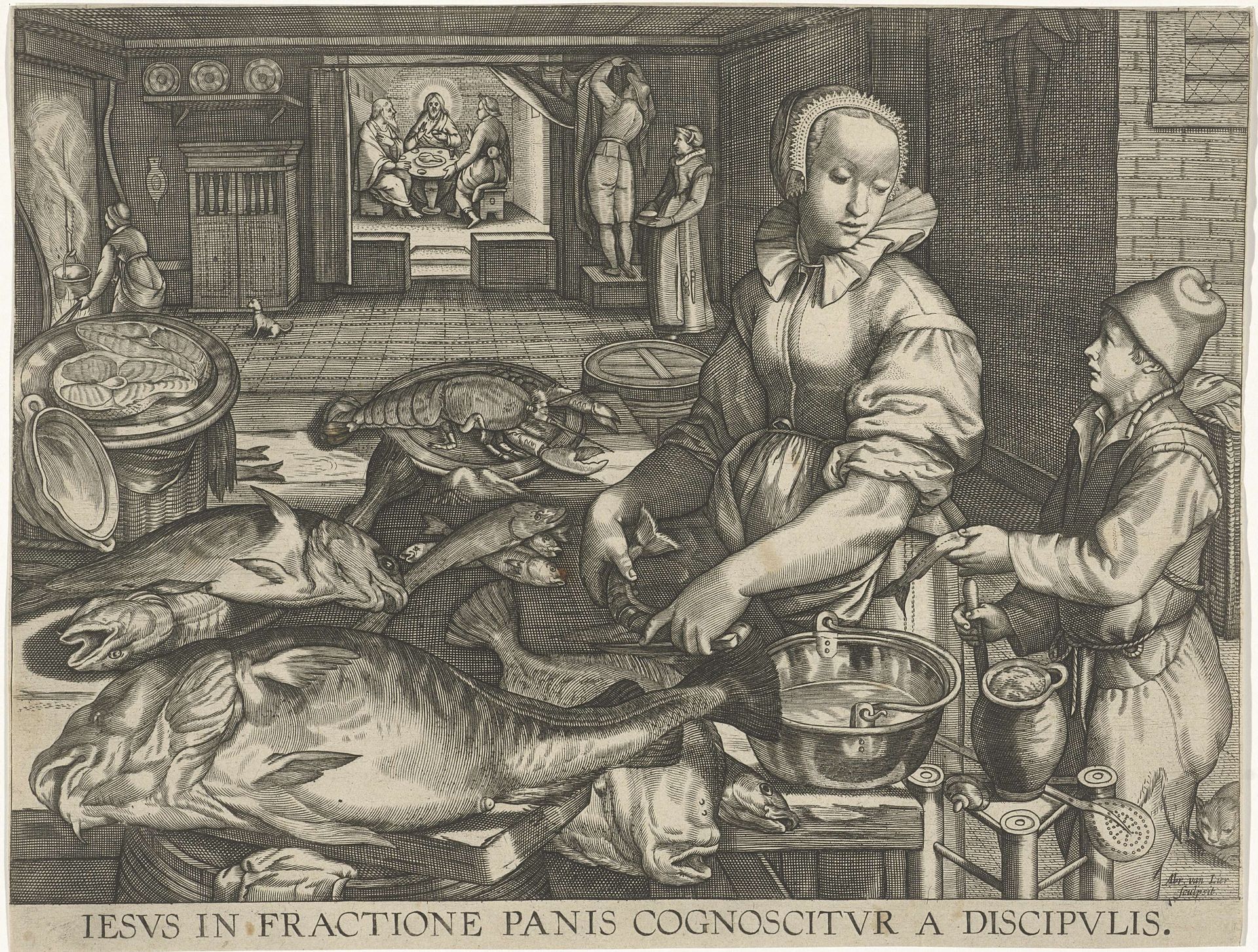Keukenstuk met vrouw die vis schoonmaakt by Abraham van Lier