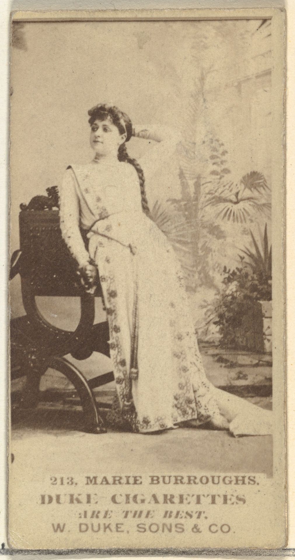 Card Number 213, Marie Burroughs, from the Actors and Actresses series (N145-7) issued by Duke Sons & Co. to promote Duke Cigarettes by W. Duke, Sons & Co.