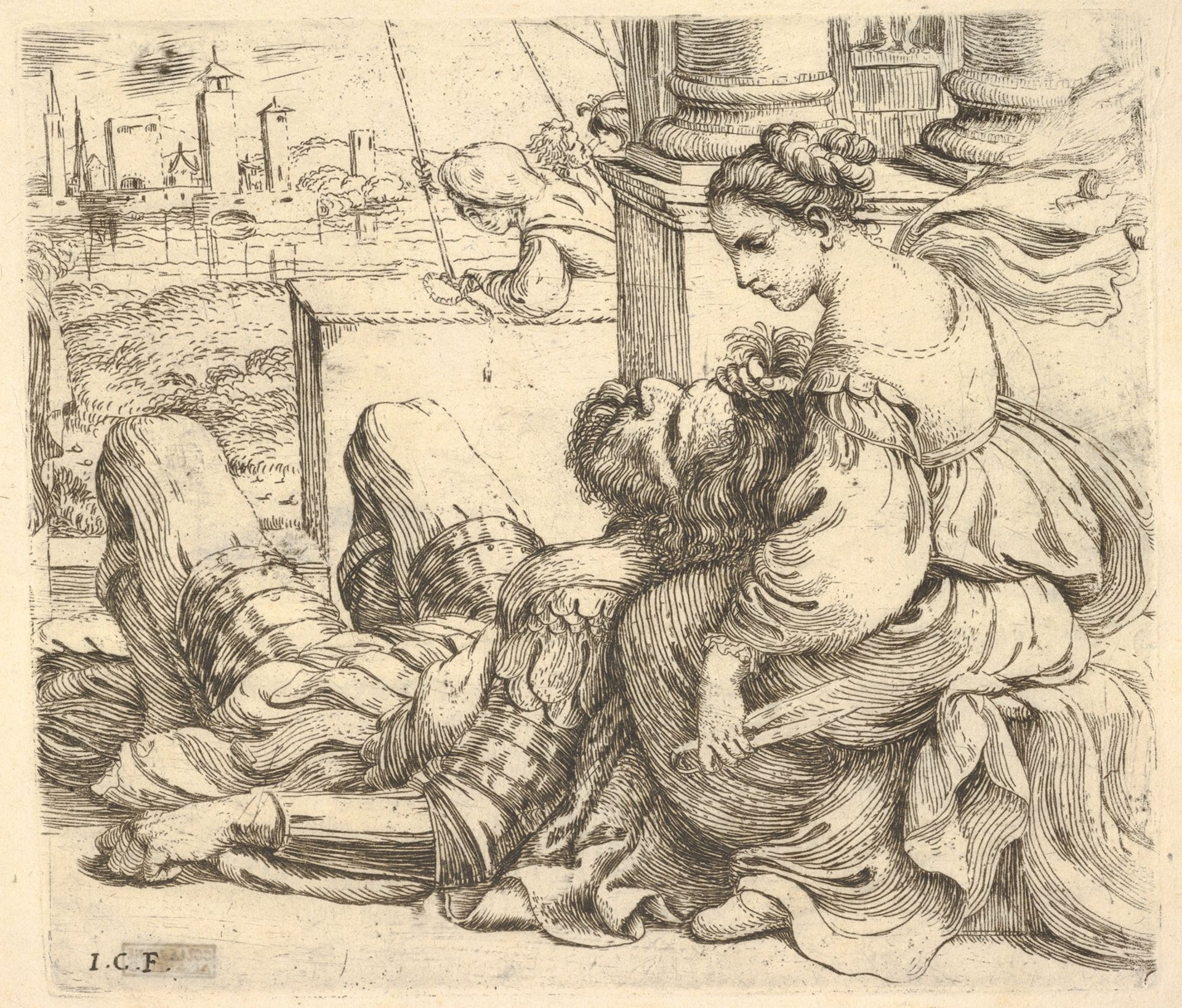 Delilah holding Samson's hair and a pair of scissors by Giuseppe Caletti, called Cremonese