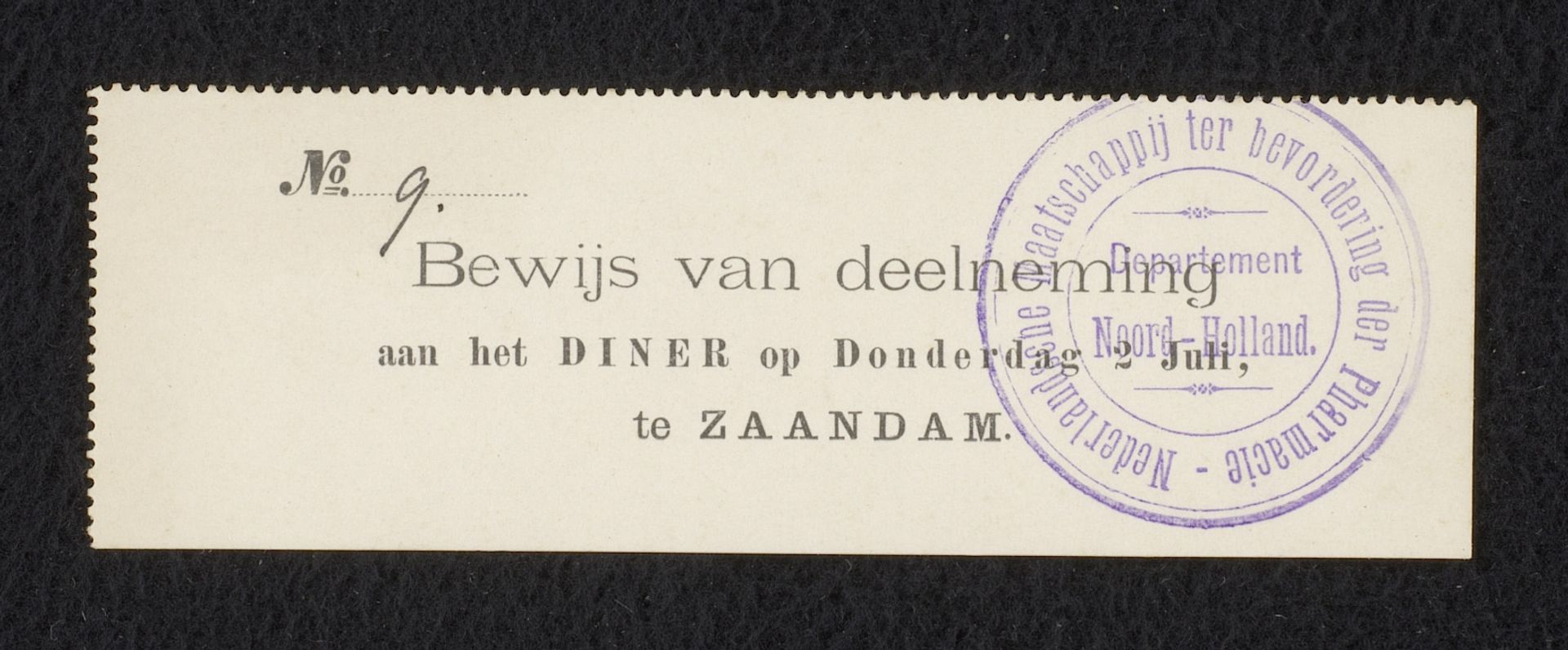 Bewijs van deelneming aan het diner van de Nederlandsche Maatschappij ter Bevordering der Pharmacie by Anonymous