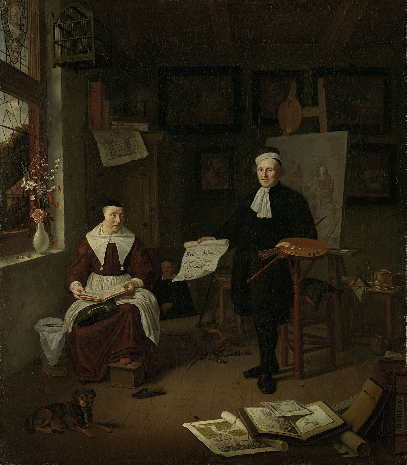 Portrait of Michiel Comans (1614-1687), calligrapher, etcher, painter and schoolmaster, with his third wife Elisabeth van der Mersche by Michiel van Musscher