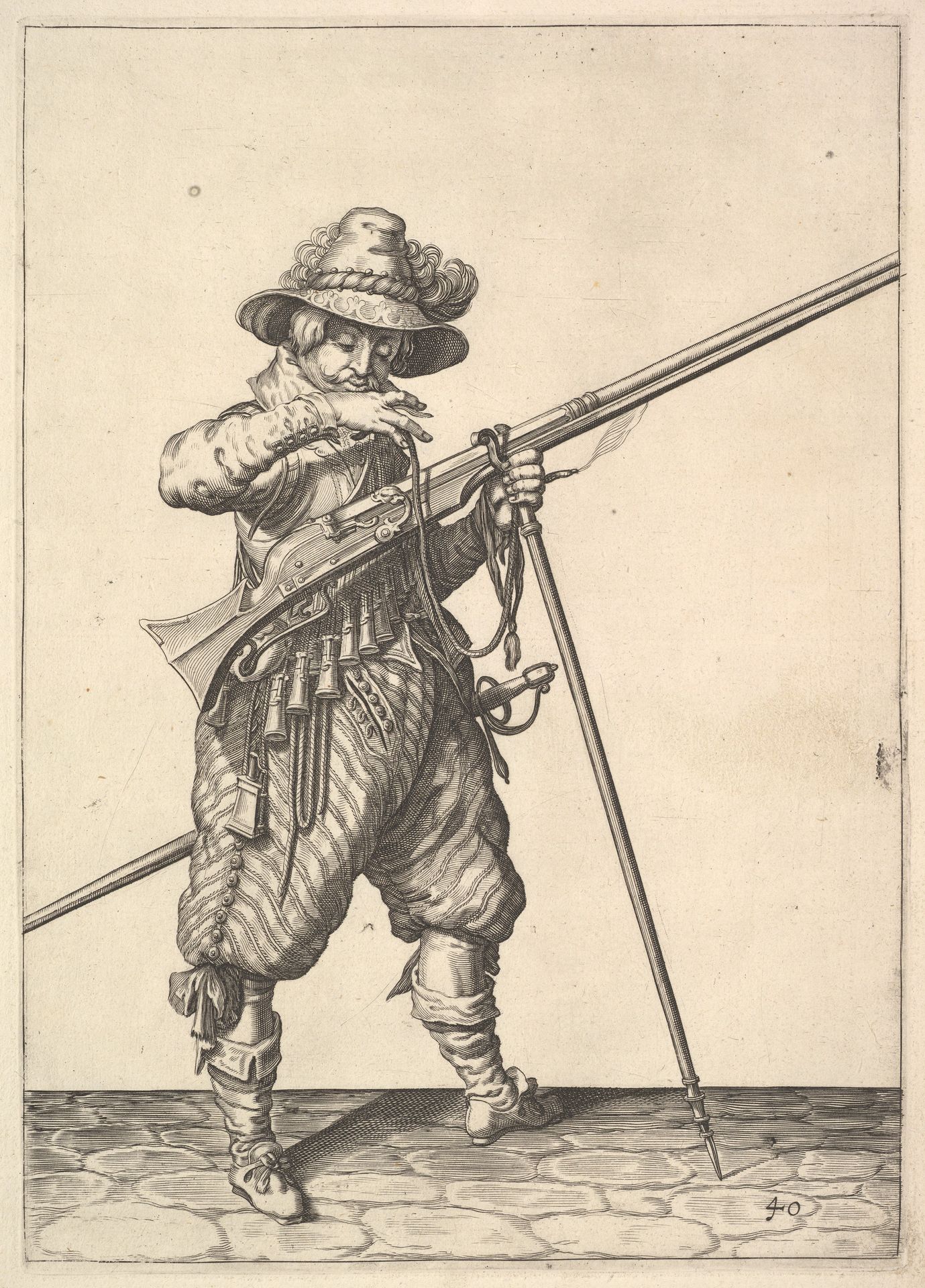 A soldier blowing on a match, from the Musketeers series, plate 40, in Wapenhandelinghe van Roers Musquetten Ende Spiessen (The Exercise of Arms) by Jacques de Gheyn II