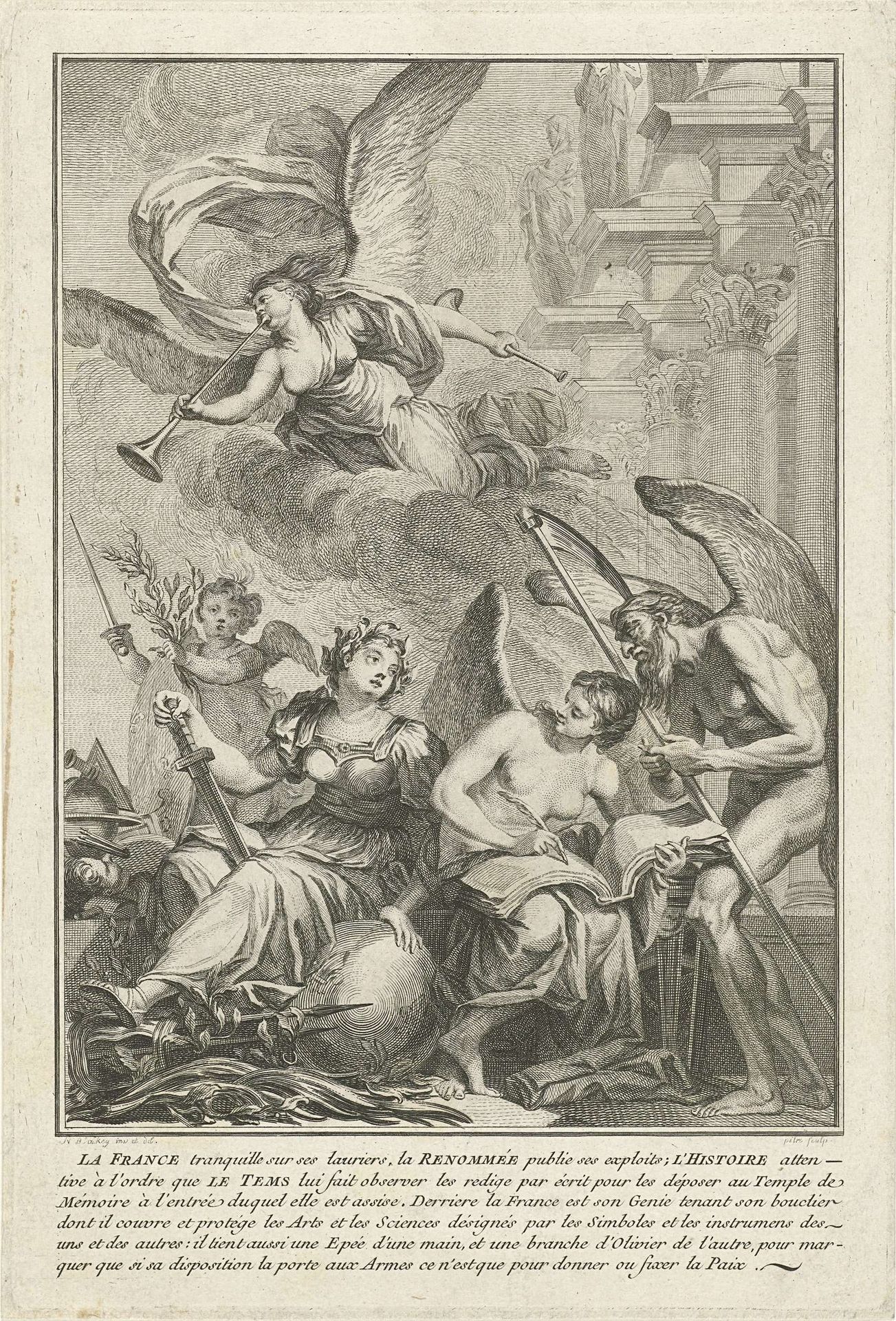 Allegorische voorstelling met Frankrijk, Geschiedschrijving en Vader Tijd by Pieter Franciscus Martenasie