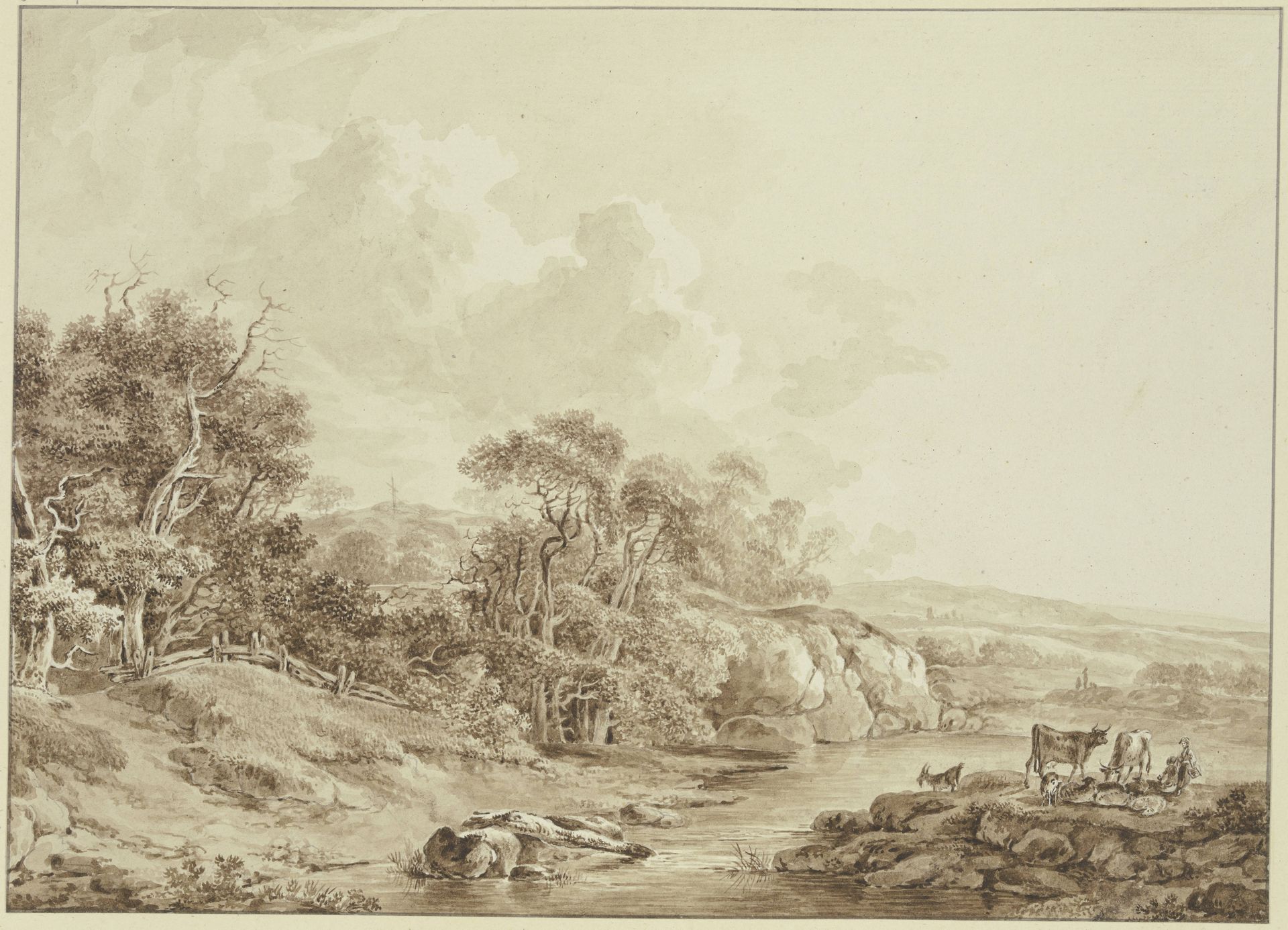 Mittelgebirgslandschaft mit Bach, rechts Viehherde by Heinrich Wüest
