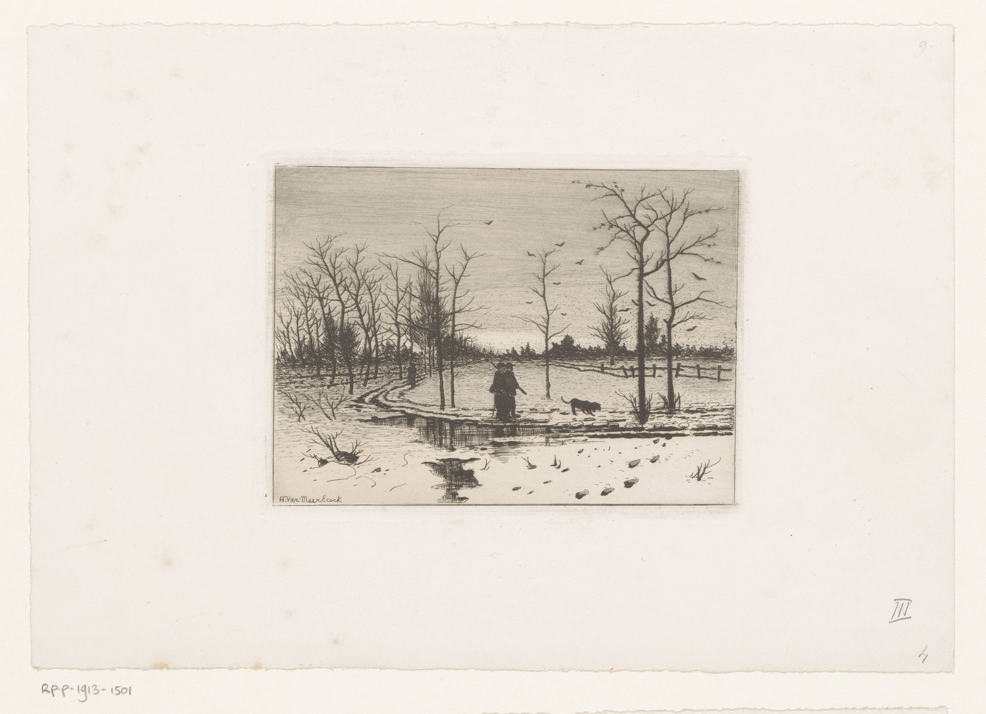 Winterlandschap met jagers en een hond by H. van Meerbeeck