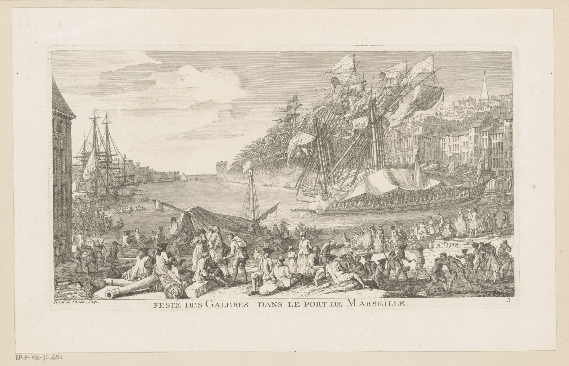 Gezicht op feestelijkheden in een haven met galeischepen by Jacques Rigaud