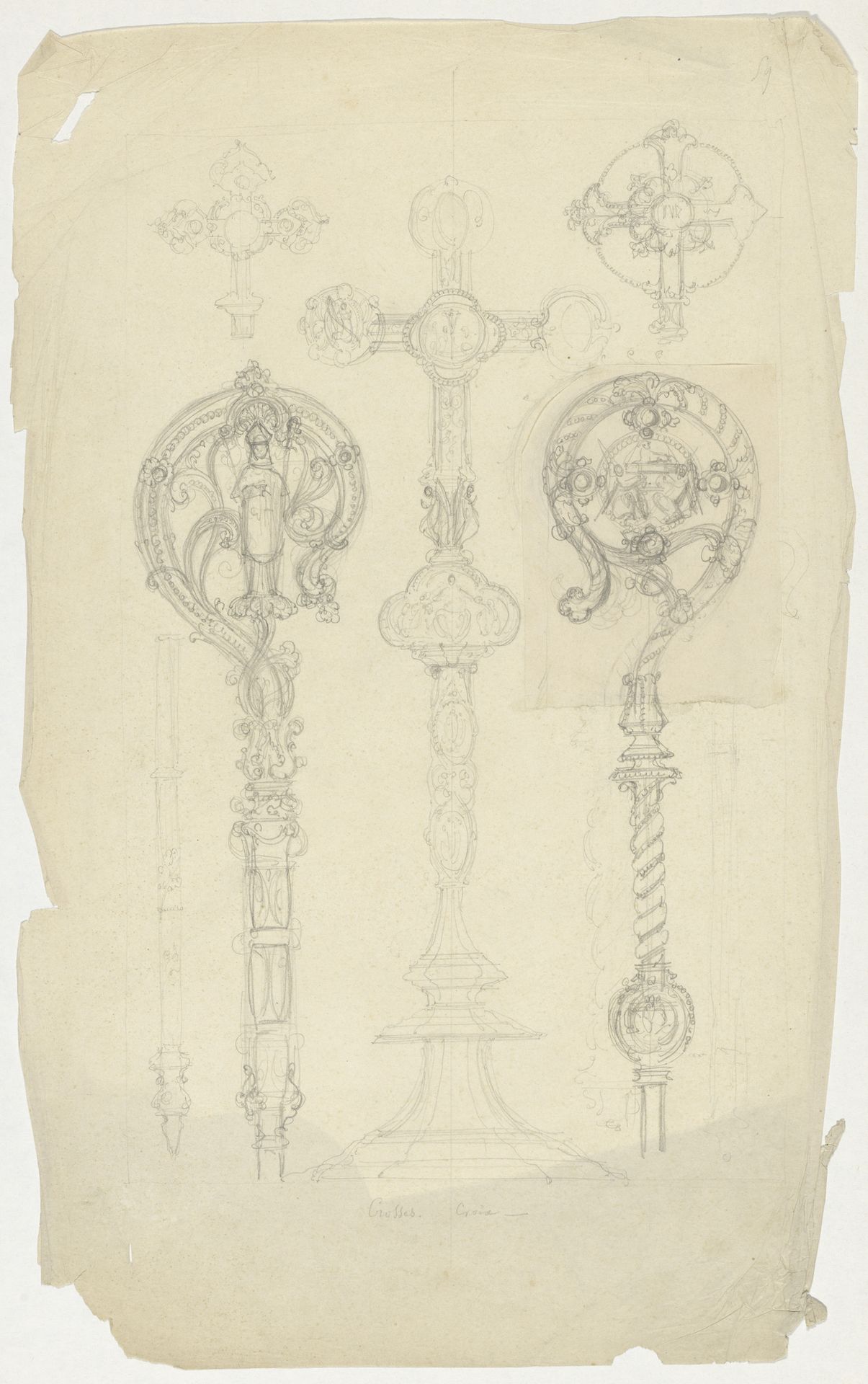 Crucifix en twee bekroningen voor een staf by Firma Feuchère